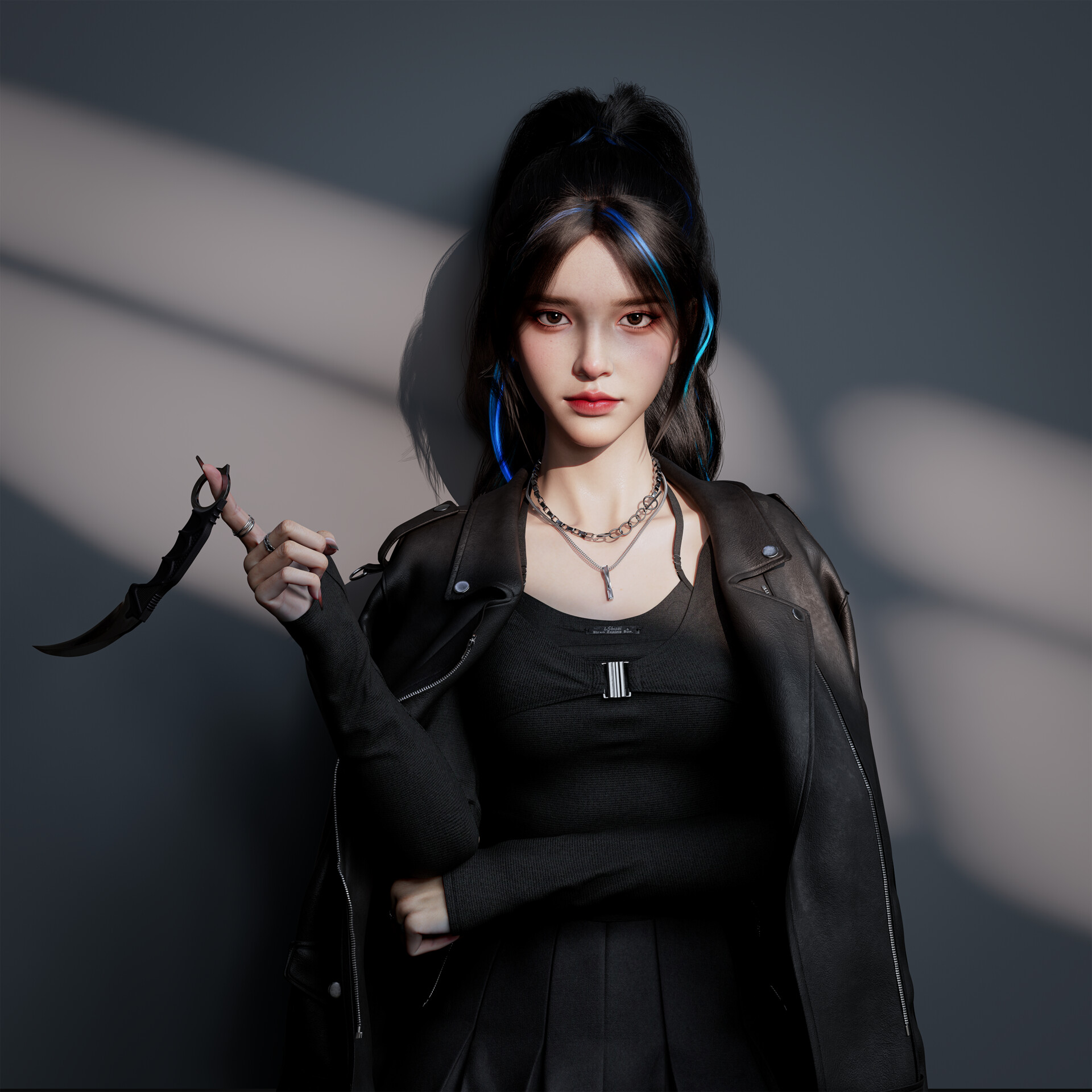 Shuai Liu CGi Women Dark Hair Looking At Viewer Jacket Black Clothing Shadow 3D Karambit 1920x1920