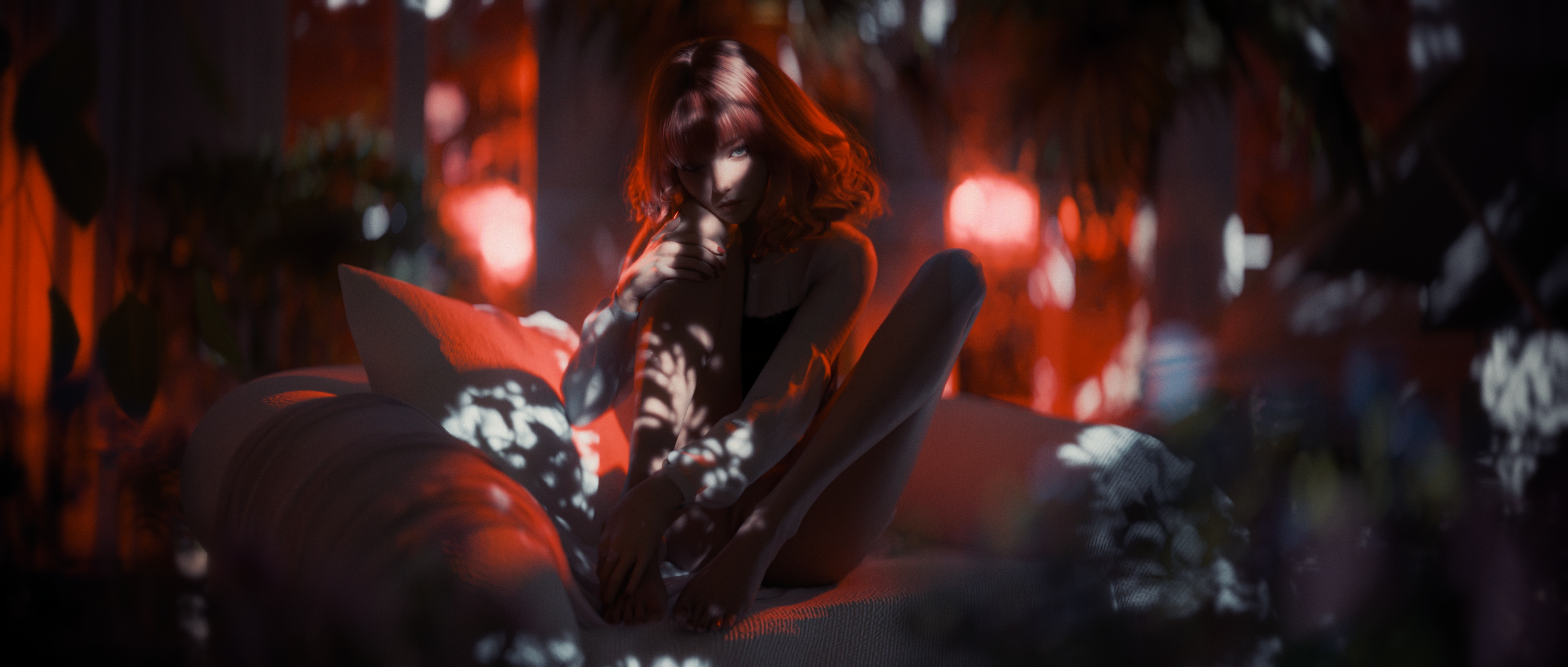 Digital Art Artwork Illustration CGi Blender Redhead Shadow On Face Women Sitting Short Hair Legs Bl 3840x1634