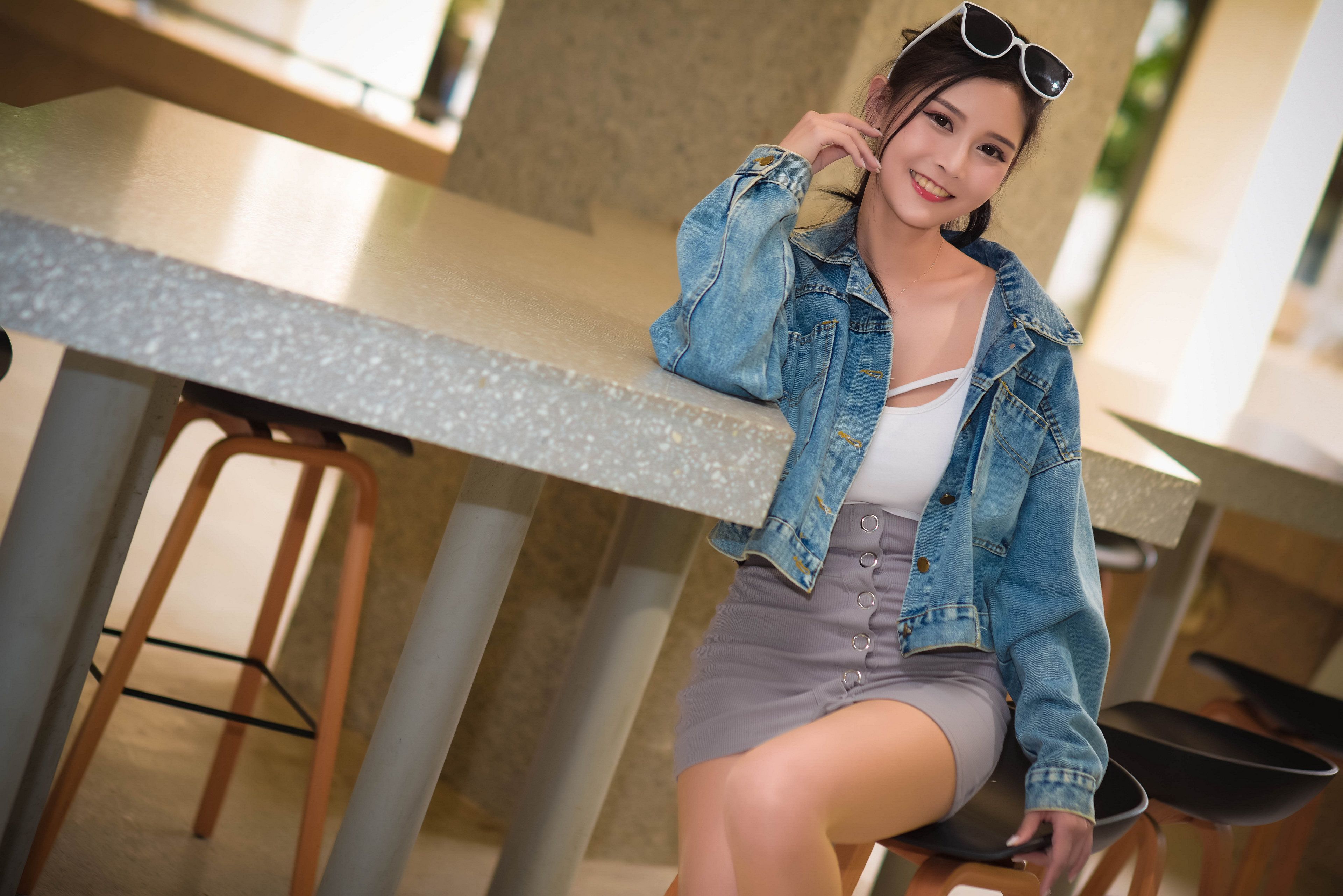 Asian Model Women Long Hair Dark Hair Jeans Jacket Skirt Sunglasses Table Sitting Leaning Chair Whit 3840x2563