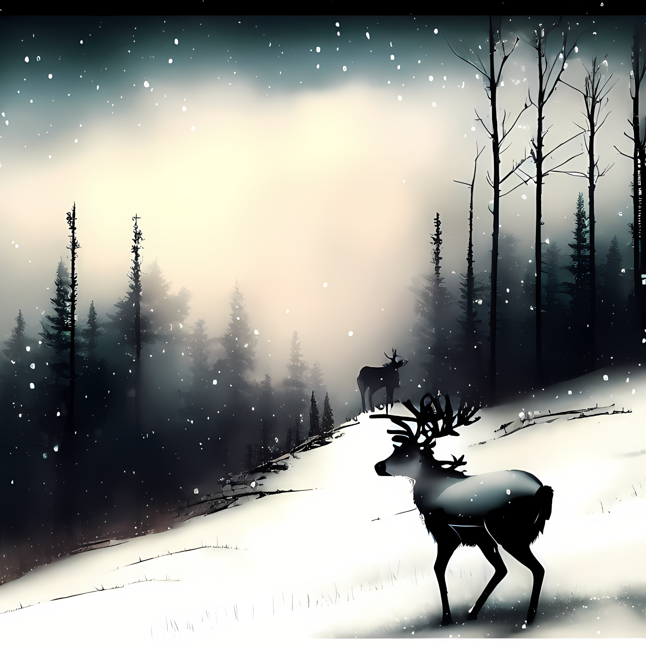 Winter Forest Animals Nature Snow Trees Deer 2176x2176