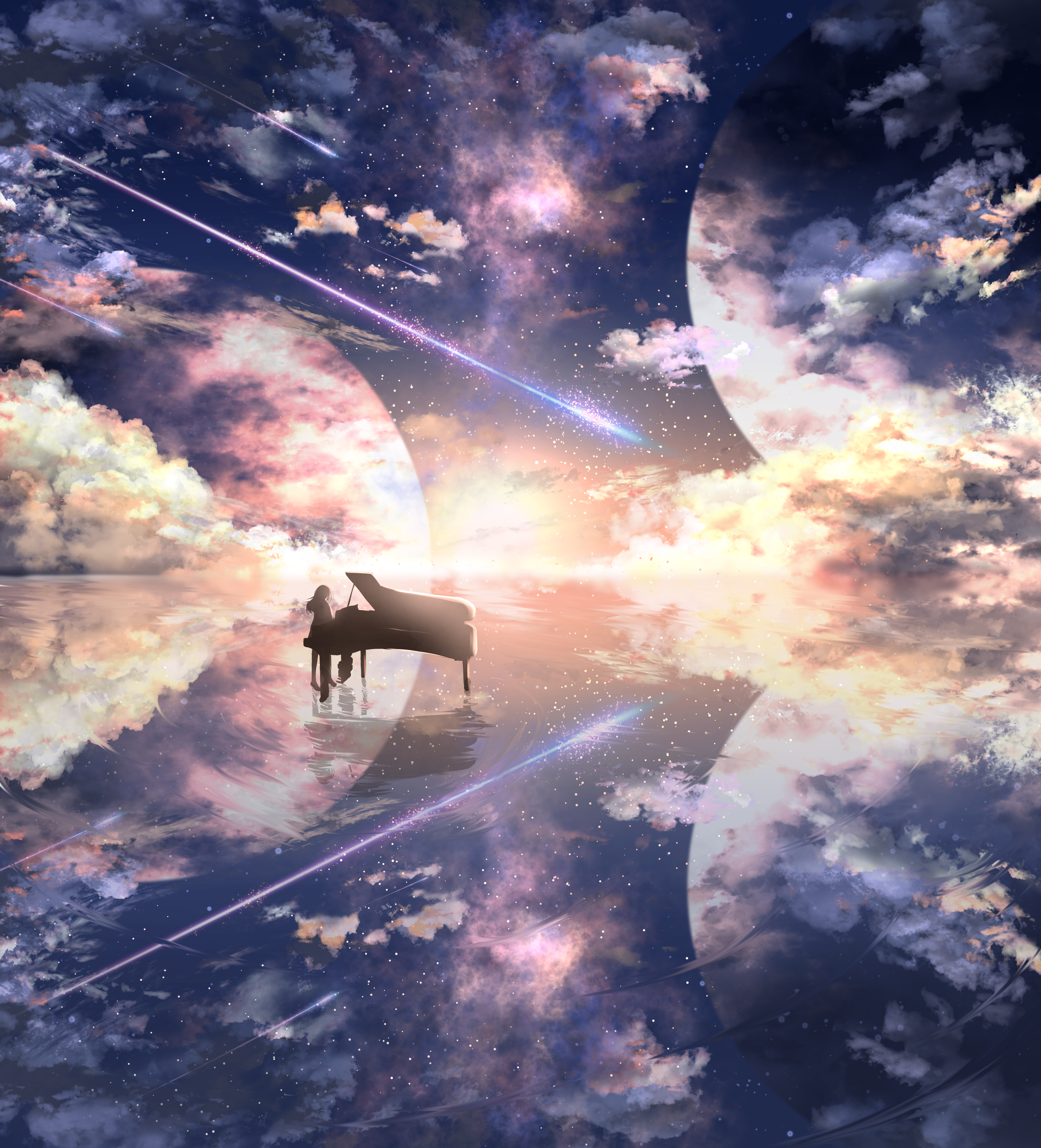 Piano Grand Piano Sky Sea Starlight Anime Girls Clouds Reflection 4611x5084