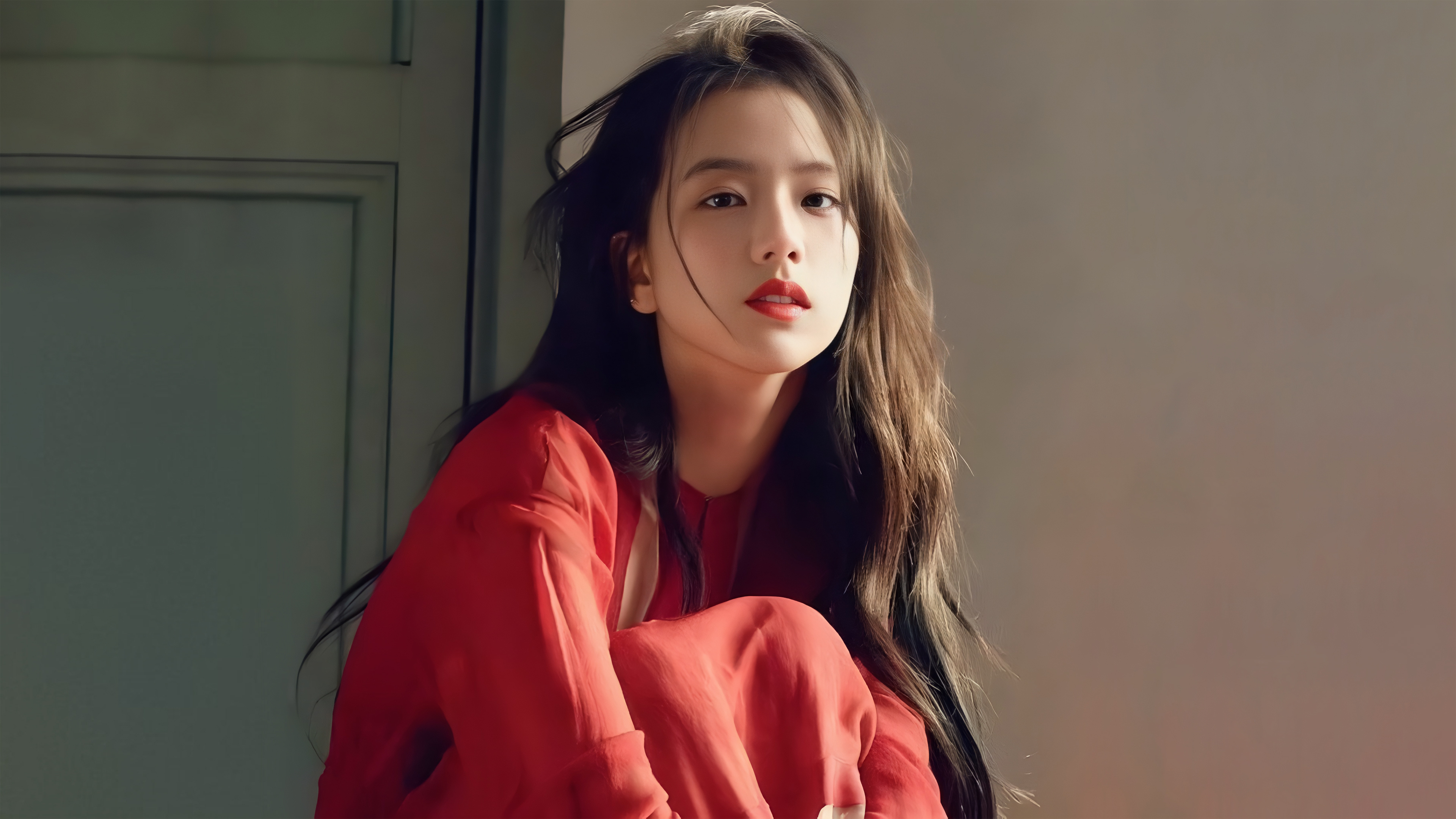Women Asian Portrait Face Red Clothing Jisoo BLACKPiNK Looking At Viewer Brunette 3840x2160
