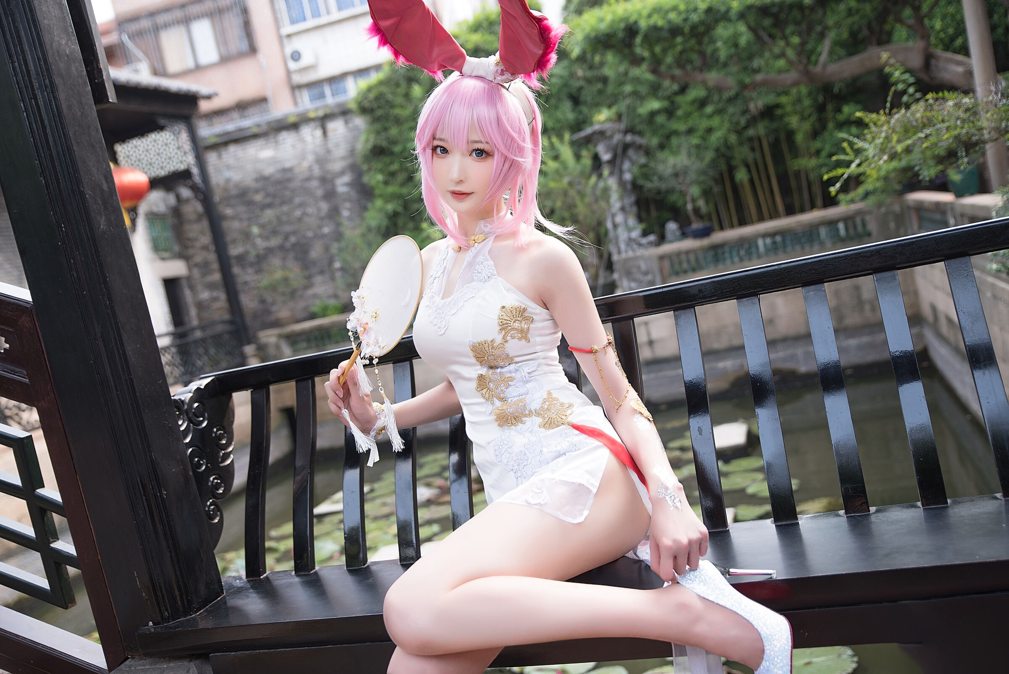 Cosplay Asian Stilettoes White High Heels Pink Hair Women Chinese Dress Looking At Viewer Fans Bunny 3300x2203