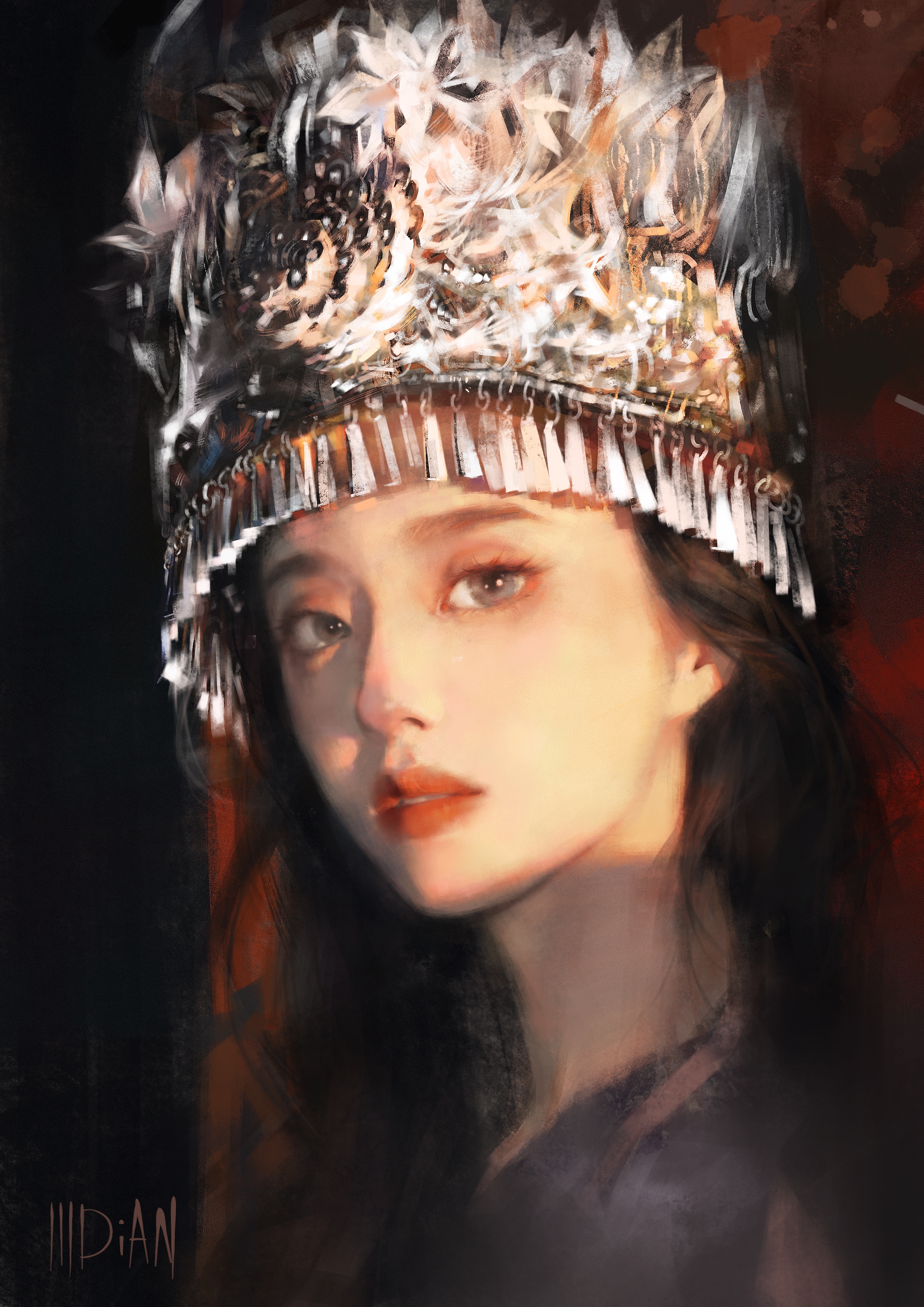 ILLDiAN Vertical Illustration Portrait Women Headdress Silver Jewelry Looking At Viewer Chinese Wome 2480x3508