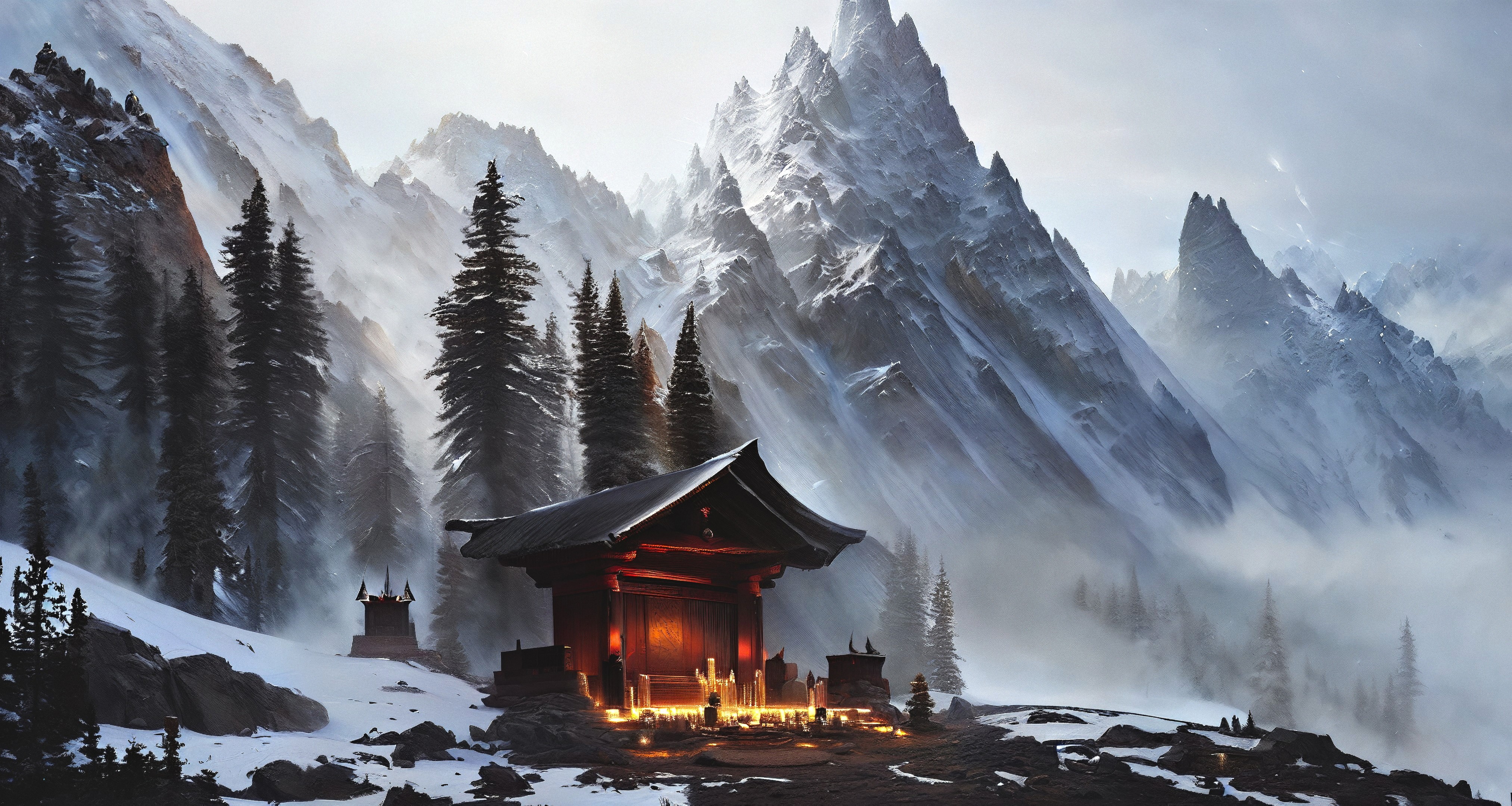 Ai Art Ai Generated Stable Diffusion Snow Mountains Shrine Trees Candles Landscape Mist 4050x2160