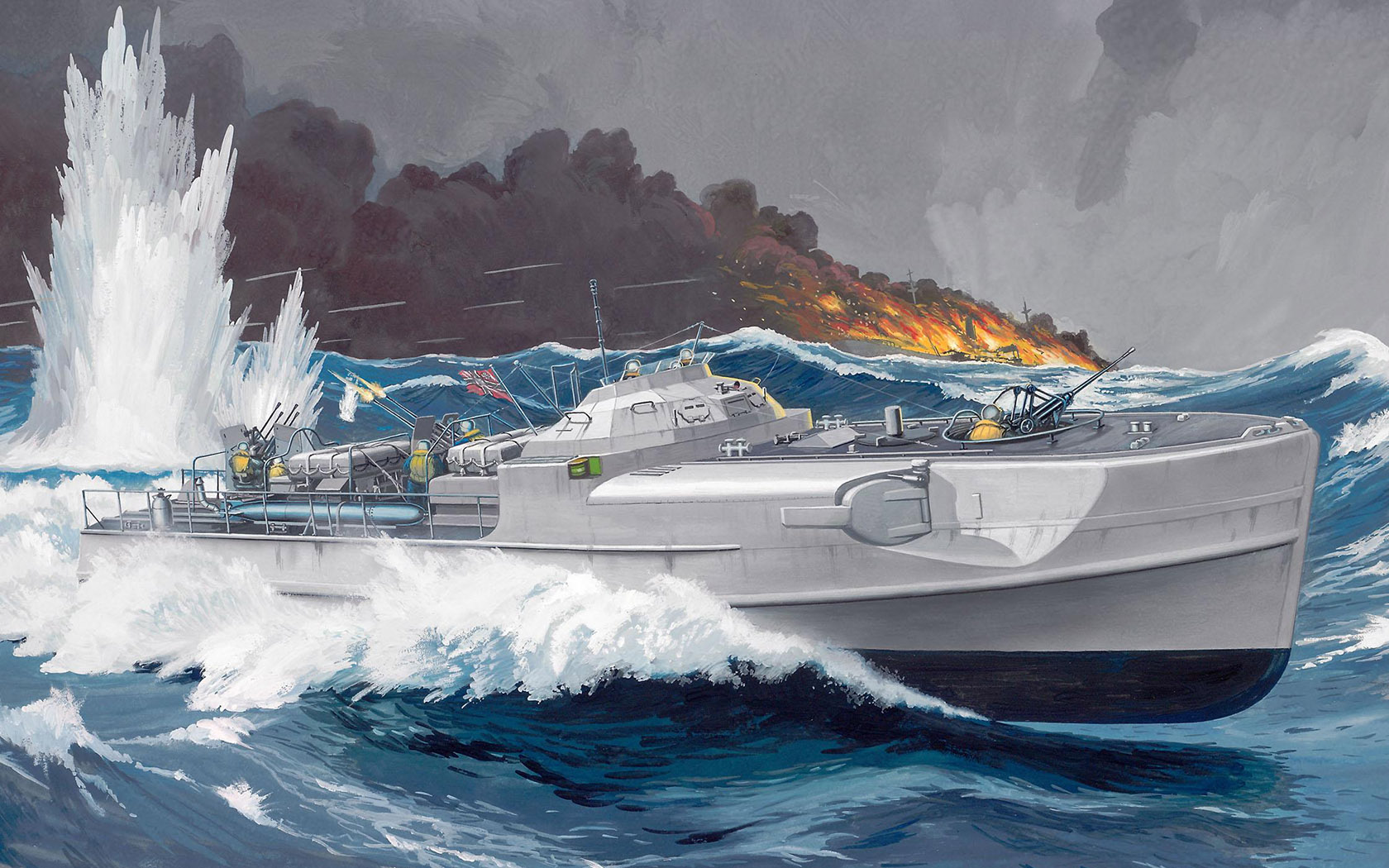 Warship Army Military Fire Sky Military Vehicle Water Waves Smoke Flag Artwork Clouds 1680x1050
