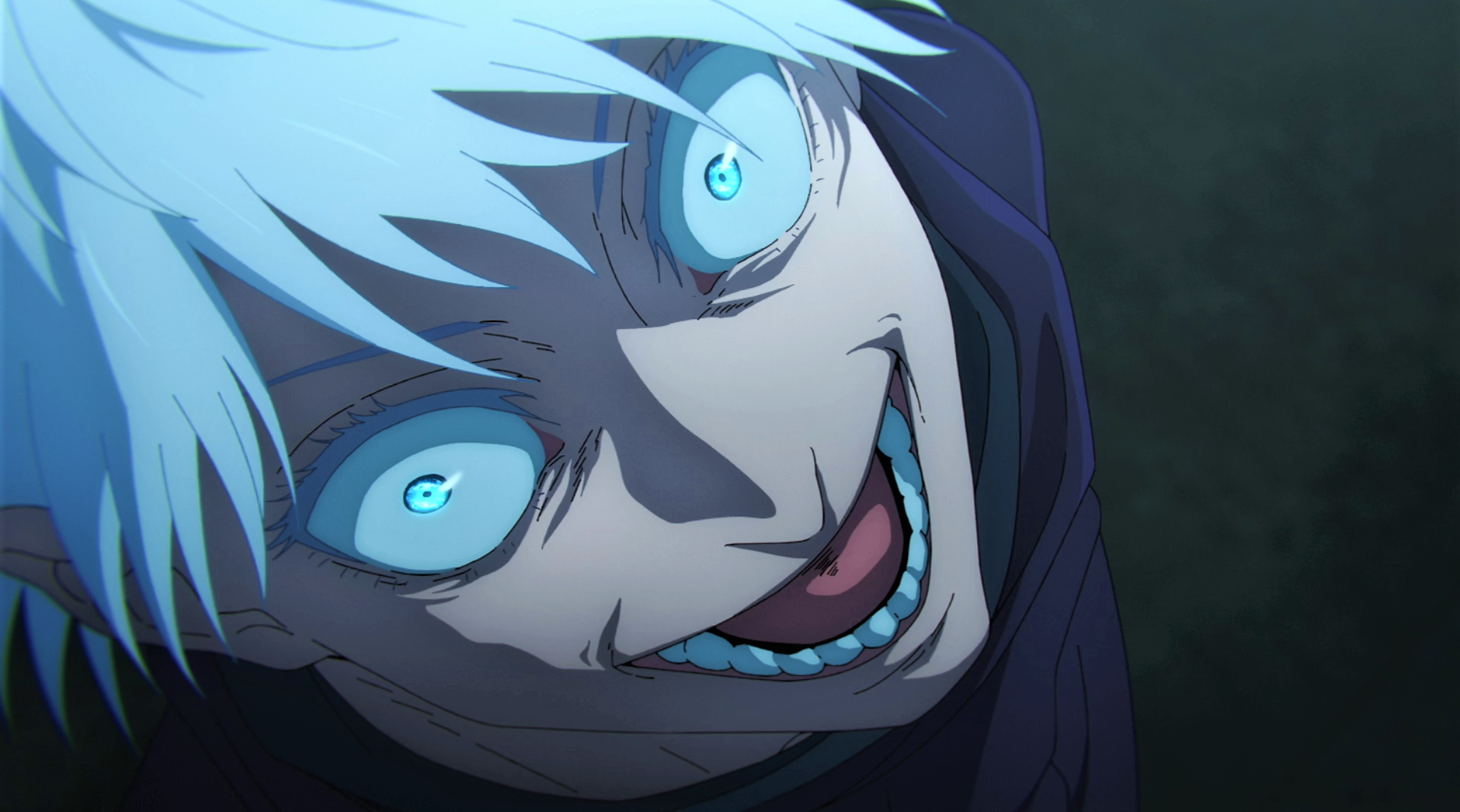 Satoru Gojo Jujutsu Kaisen White Hair Smiling Scary Face Blue Eyes Anime Anime Screenshot Anime Boys 1920x1069