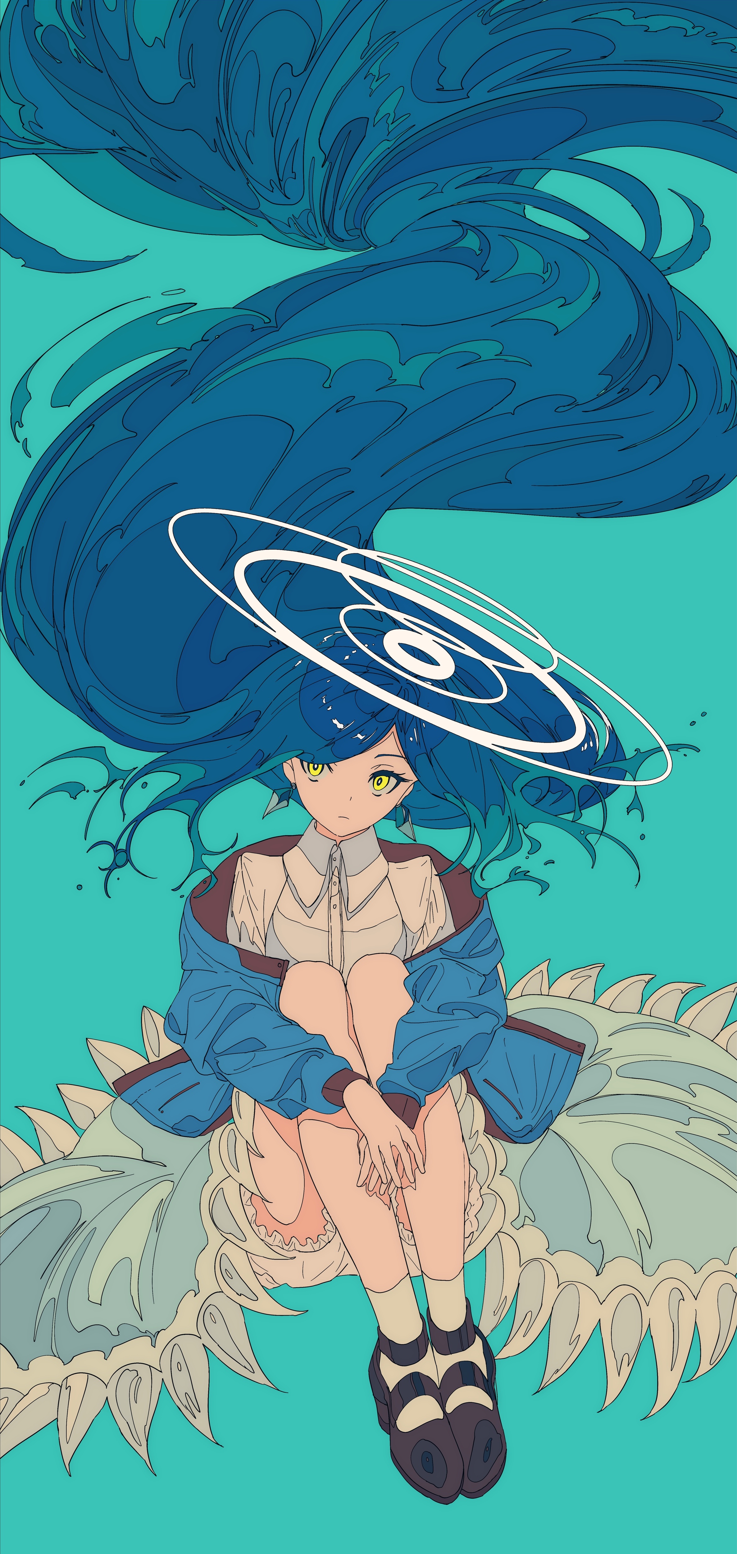 Cogecha Anime Anime Girls Portrait Display Long Hair Minimalism Blue Background Simple Background Bl 2373x5000