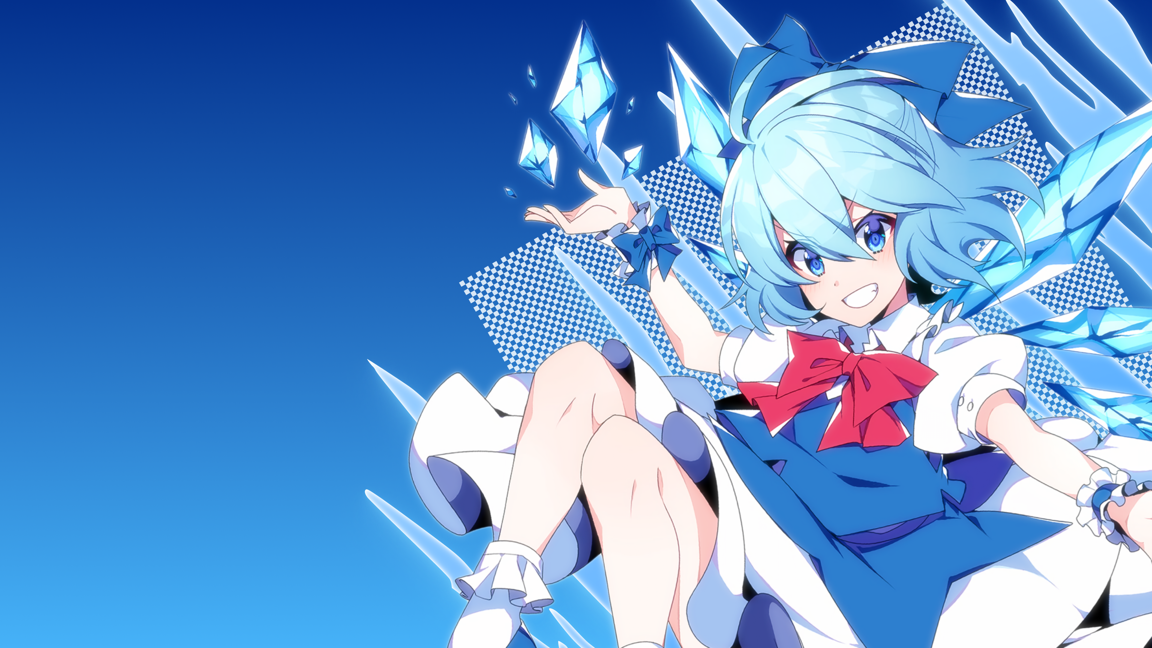 Touhou Cirno Ice Crystals Anime Girls Blue Hair Blue Eyes Blue Background 3840x2160