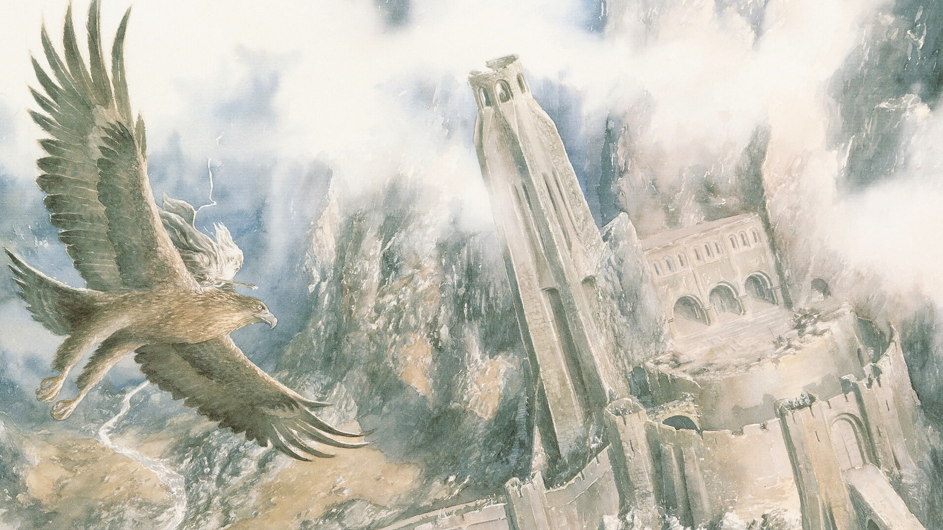 Painting Fantasy Architecture Bird Of Prey Flying Clouds Birds Animals 1920x1080