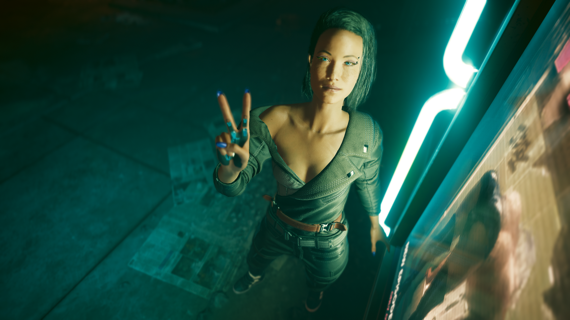 Female Version Neon CD Projekt RED Peace Sign Cyberpunk 2077 CGi Video Game Characters Video Game Ar 1920x1080