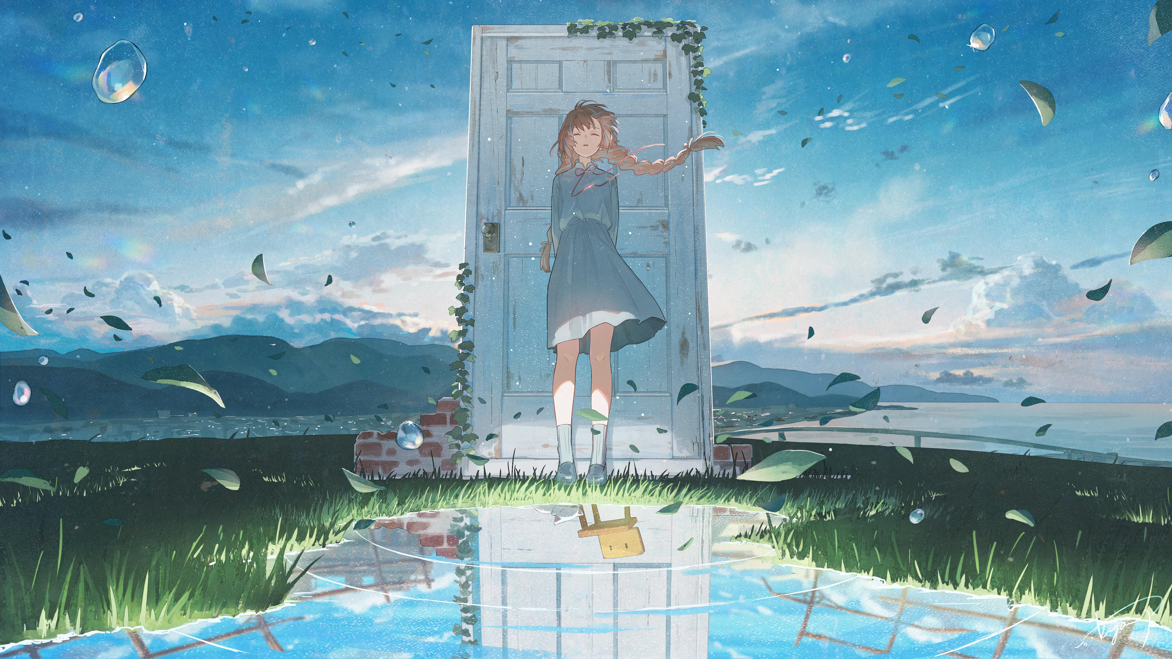 Suzume Anime Anime Girls Artwork Brunette Dress Braided Hair Twintails Anime Sky Door Grass Water Wa 4800x2700