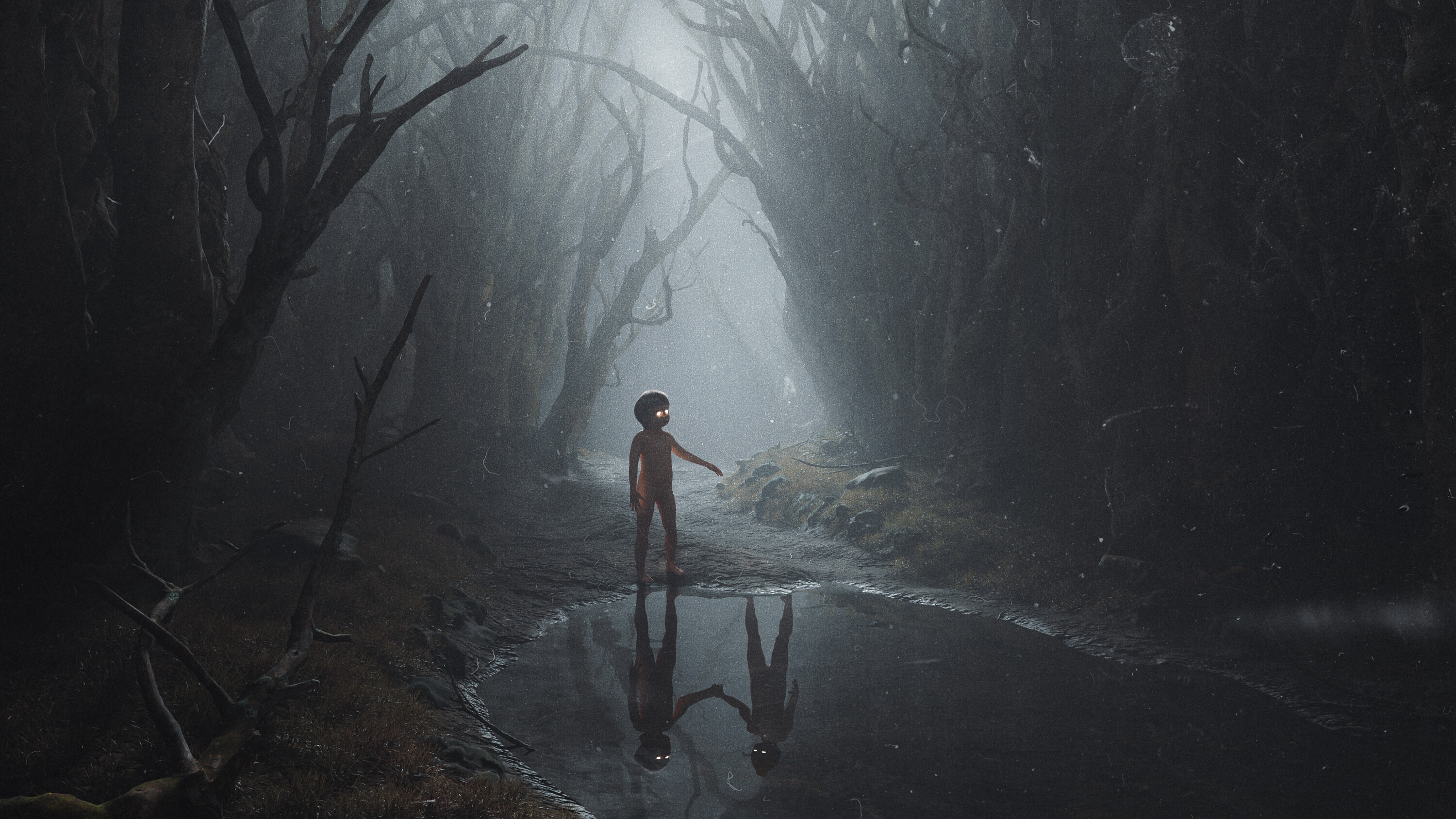 Forest Reflection Puddle Mist Water Standing Trees Digital Art Glowing Eyes Children 3000x1688