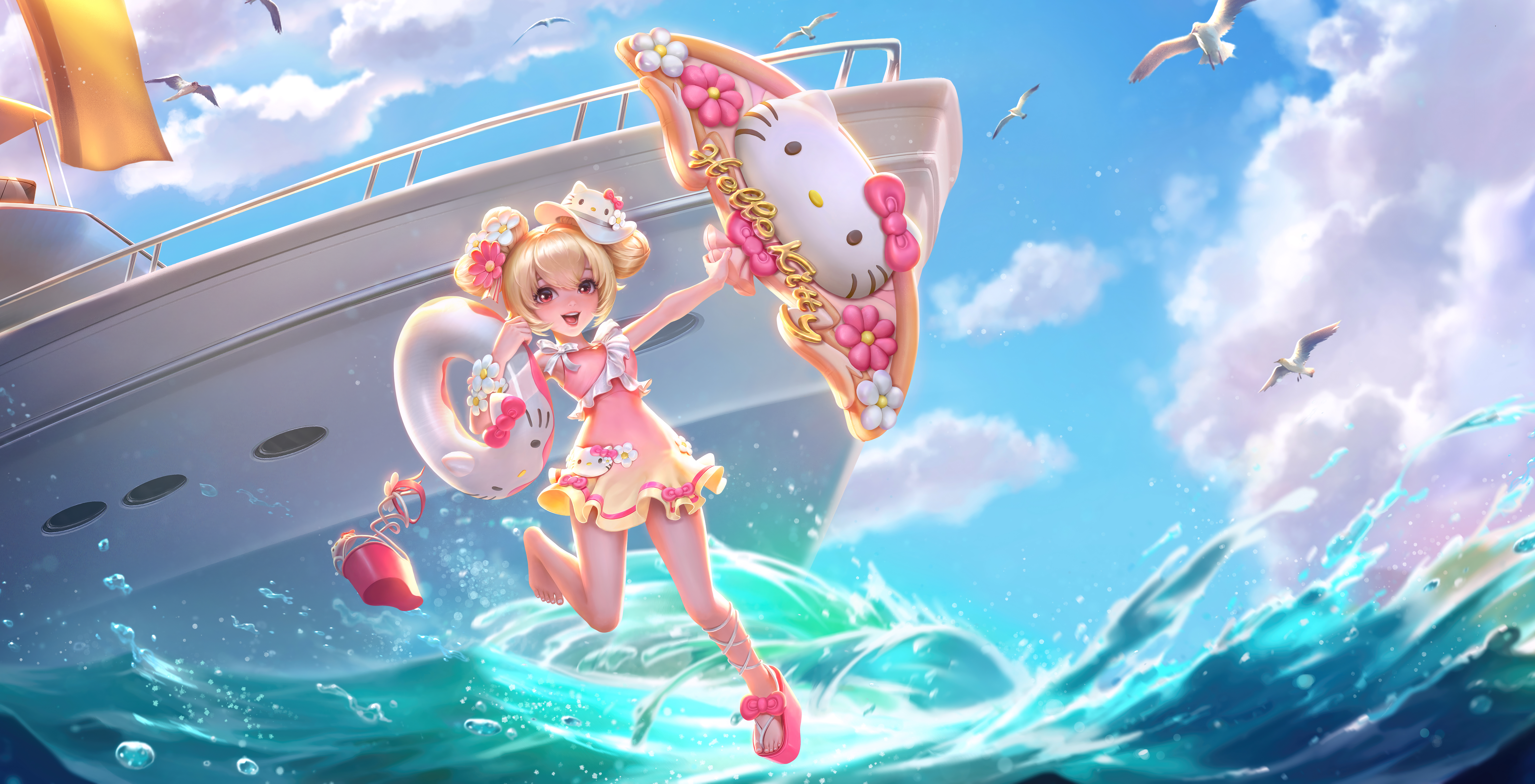 Hello Kitty Honor Of Kings Summer Skirt Legs Sea Gulls Seawater Boat Heels Water Video Game Characte 8455x4320