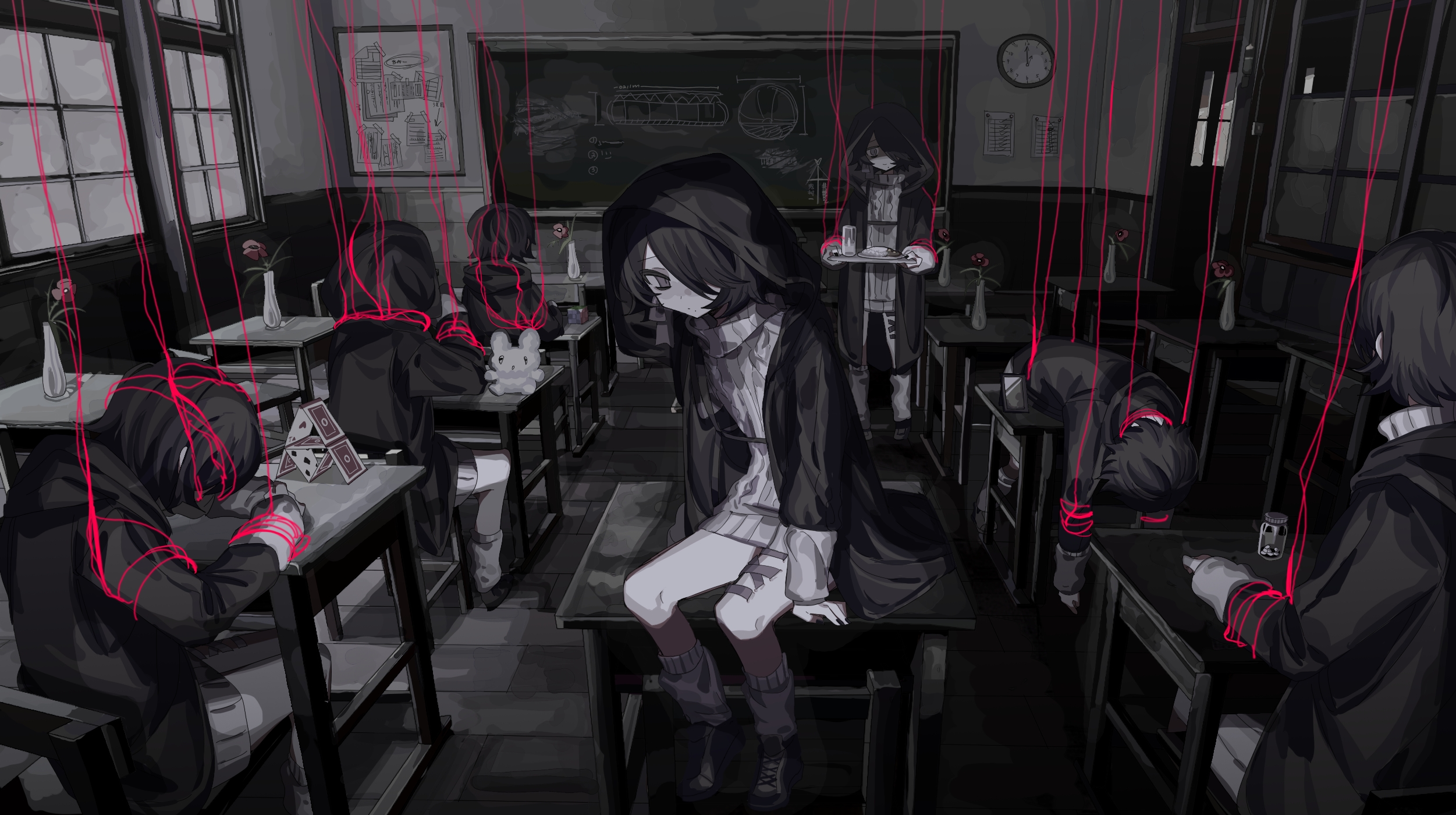 Dark Red Anime Boys Vocaloid Digital Art Monochrome Selective Coloring Hair Over One Eye Classroom D 2502x1400