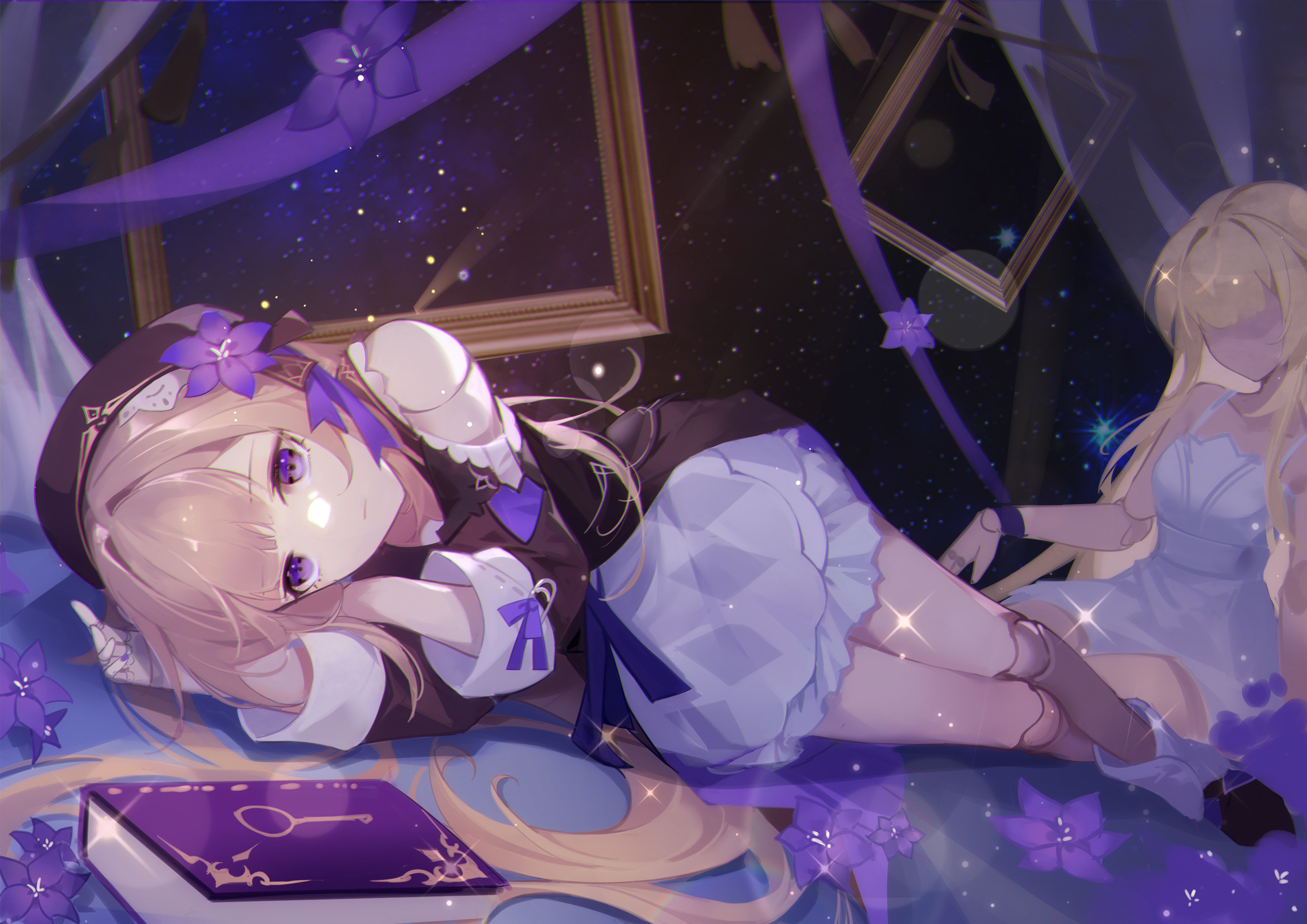 Anime Anime Girls Lying On Side Lying Down Books Long Hair Flower In Hair Blonde Purple Eyes Stars L 2631x1860