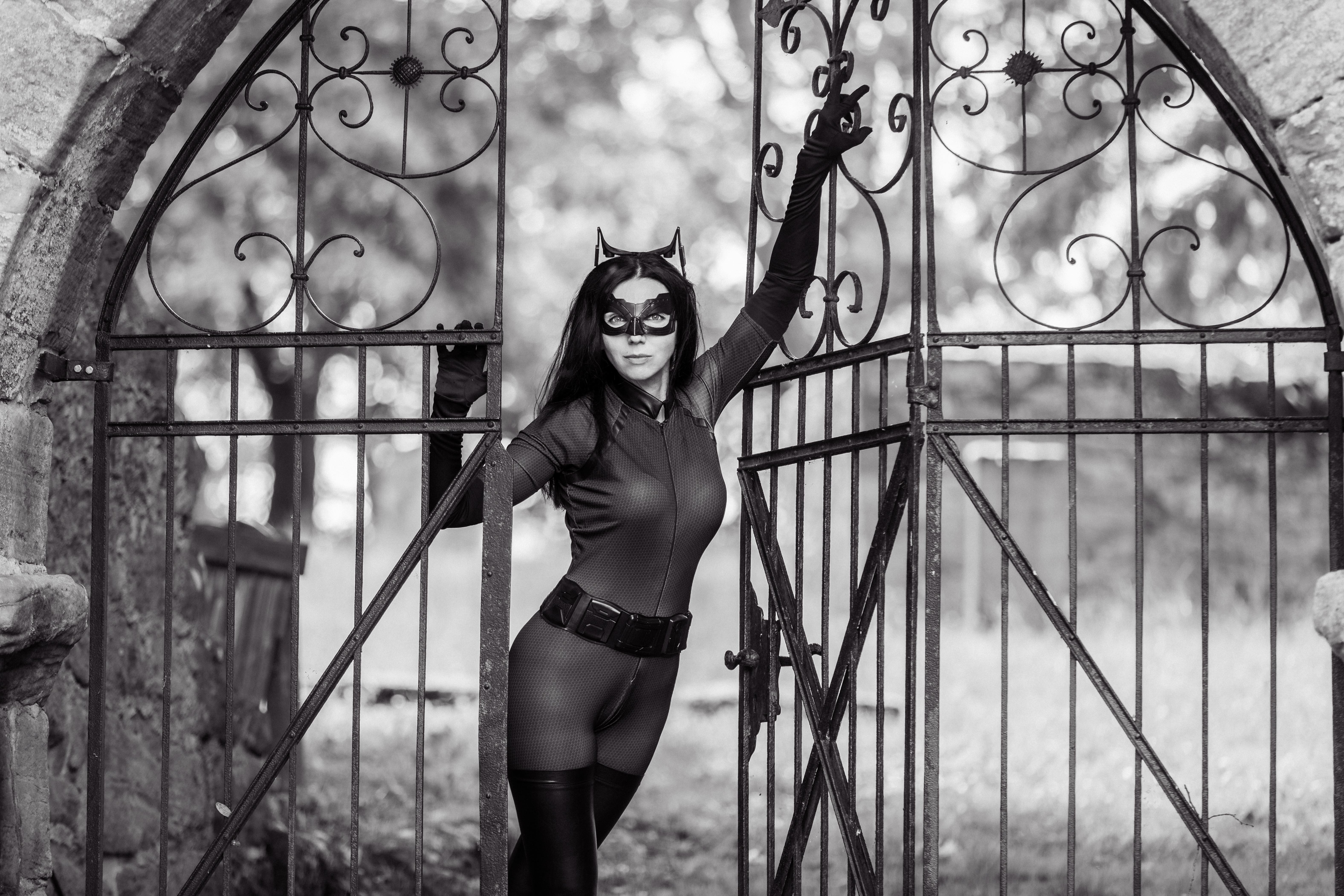 Catwoman Women Portrait Monochrome Looking At Viewer Mask Outdoors Door 6305x4203