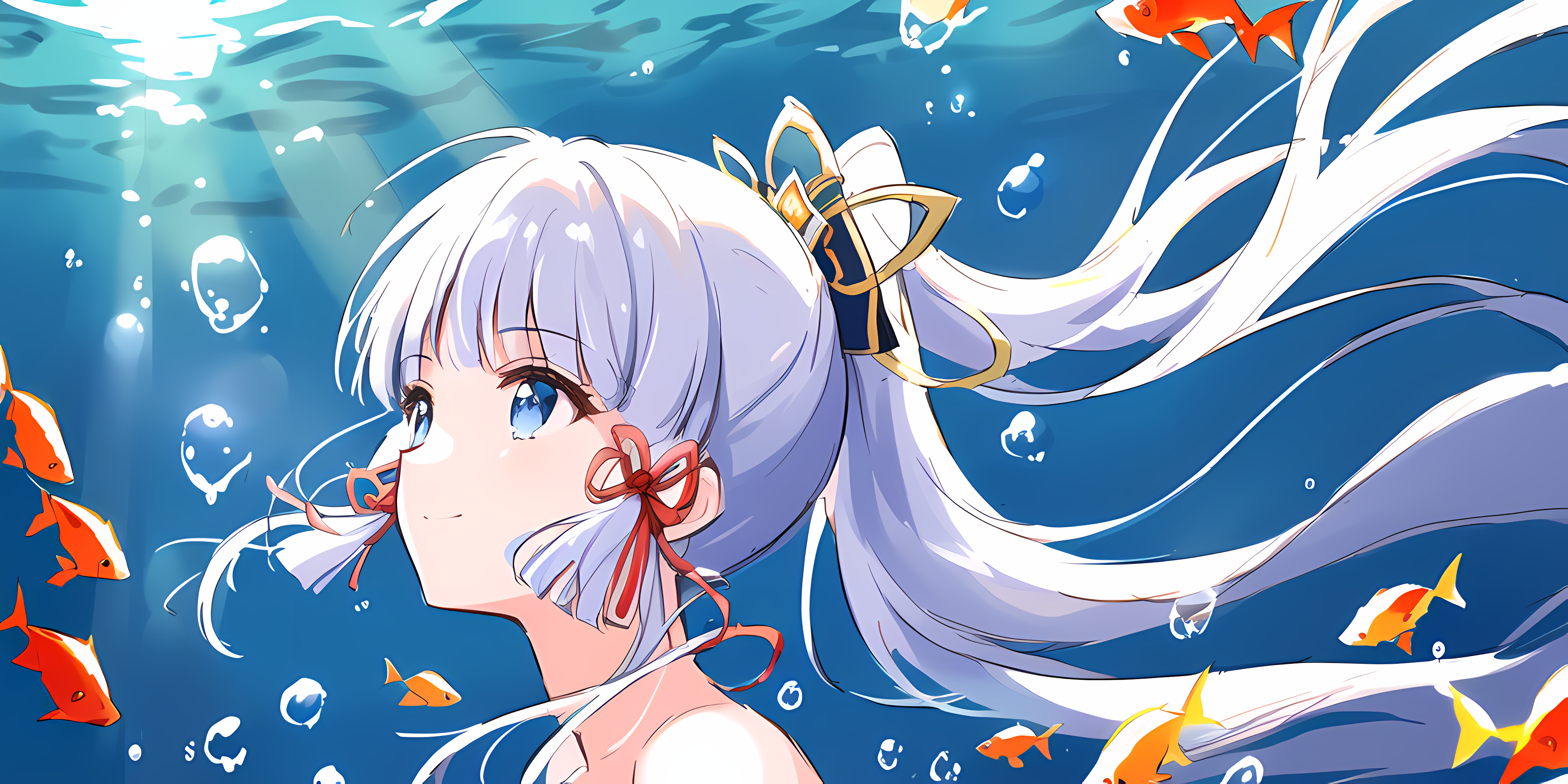 Anime Girls Genshin Impact Kamisato Ayaka Genshin Impact Underwater Bubbles Fish In Water Water Blue 4096x2048