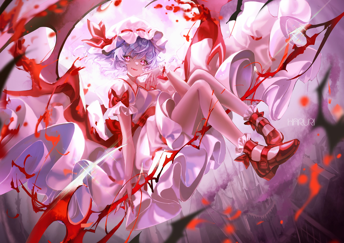 Anime Anime Girls Remilia Scarlet Touhou Short Hair Dress Signature Looking At Viewer Fangs Purple E 1412x1000