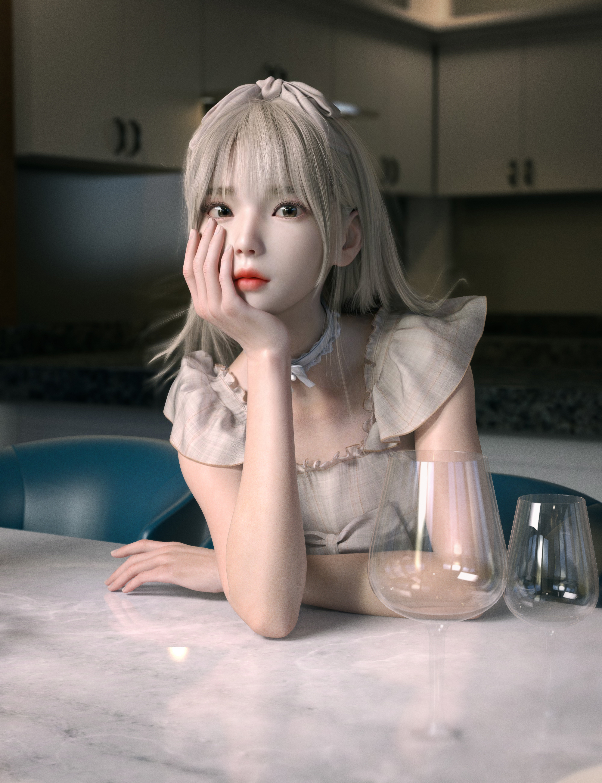 Digital Art Artwork Illustration Blonde Women Looking At Viewer Asian Red Lipstick Vertical CGi Glas 2000x2600