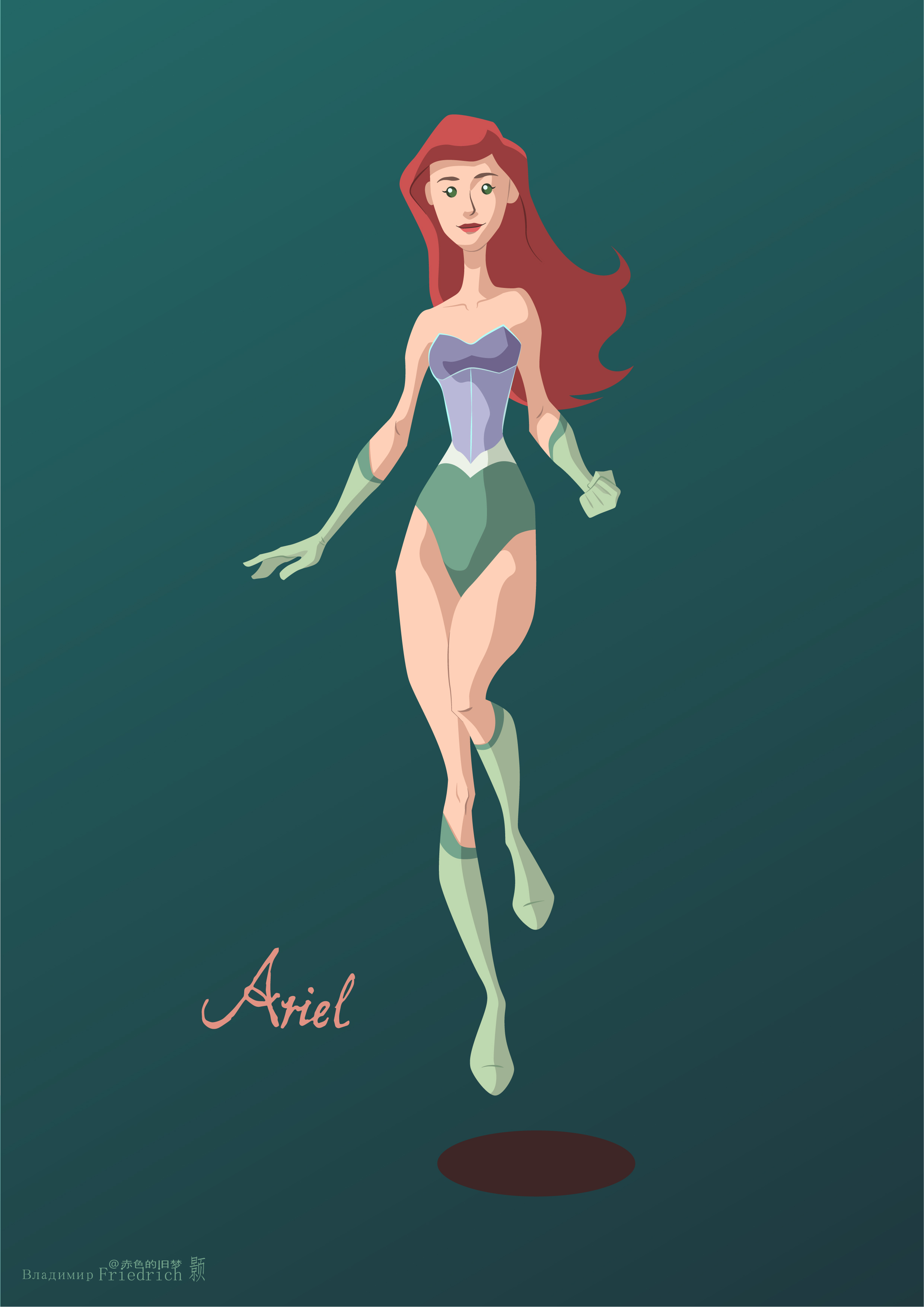 Illustration Flatdesign Disney Princesses Ariel The Little Mermaid The Little Mermaid Superheroines  2482x3509