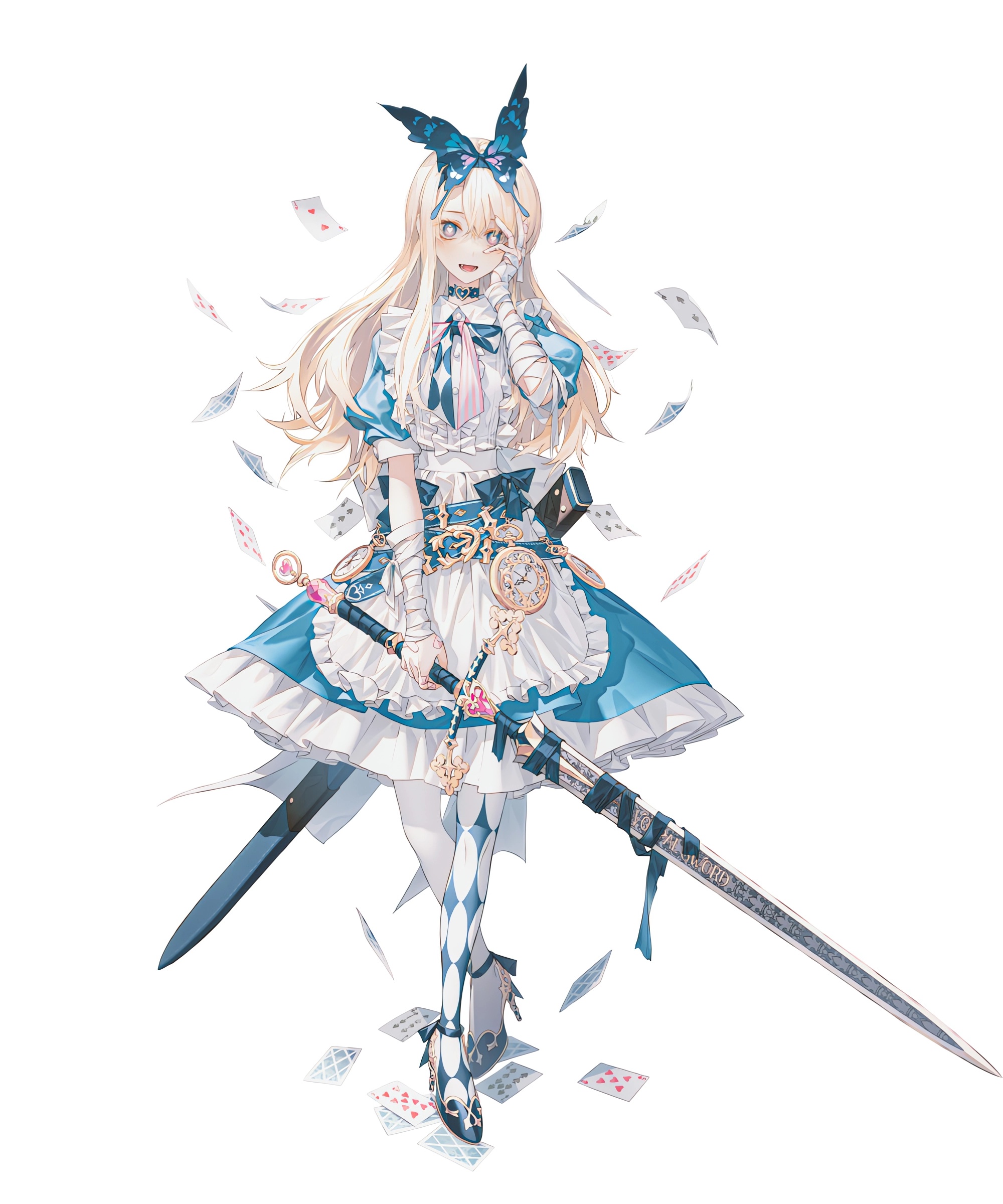 Anime Anime Girls Pixiv Alice In Wonderland Dress Sword Frills Cards Heels Blonde Heart Eyes Portrai 2000x2400