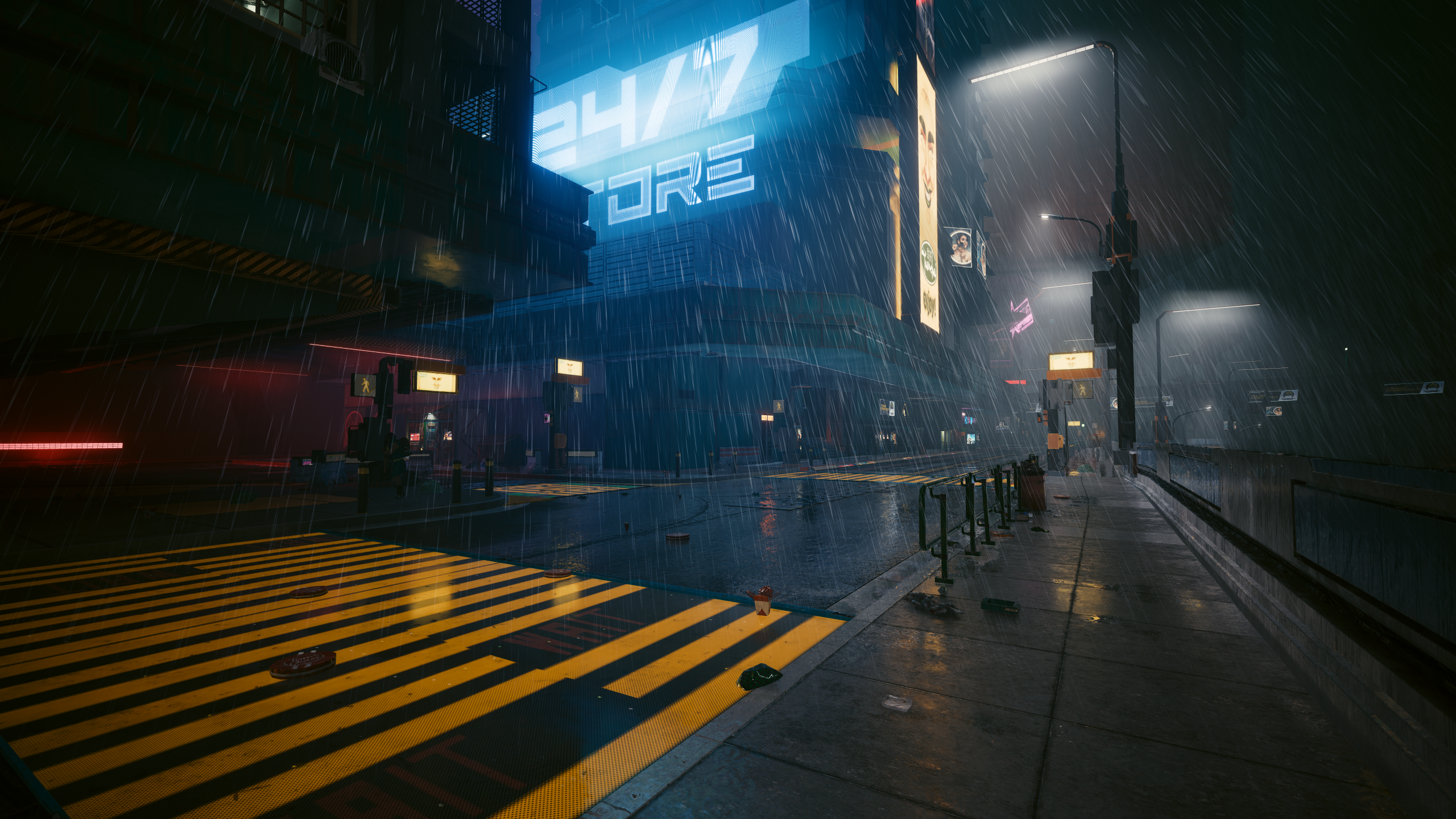 Cyberpunk 2077 Video Games Screen Shot Video Game Art Street Pedestrian Bridge Rain CGi Building Sid 2560x1440
