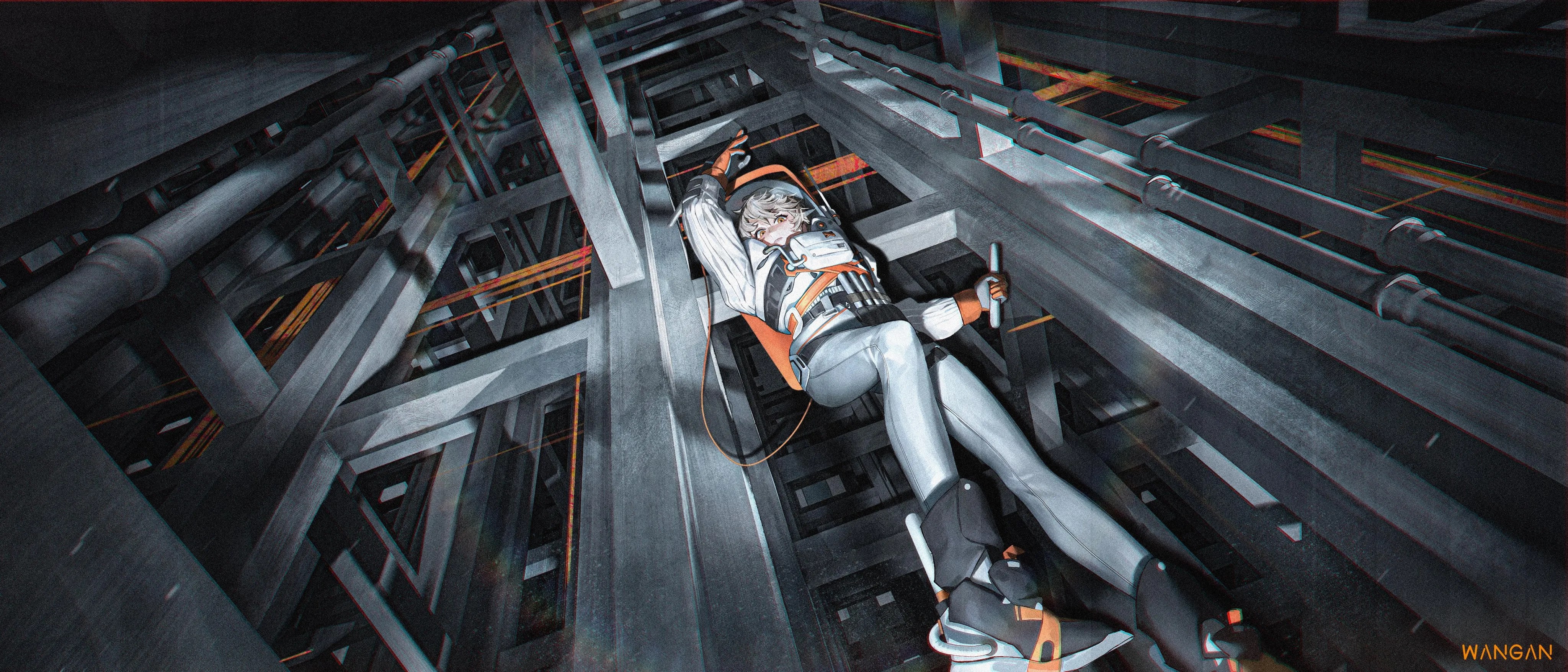 Anime Anime Girls Artwork Spacesuit Looking At Viewer Falling Signature 4096x1755