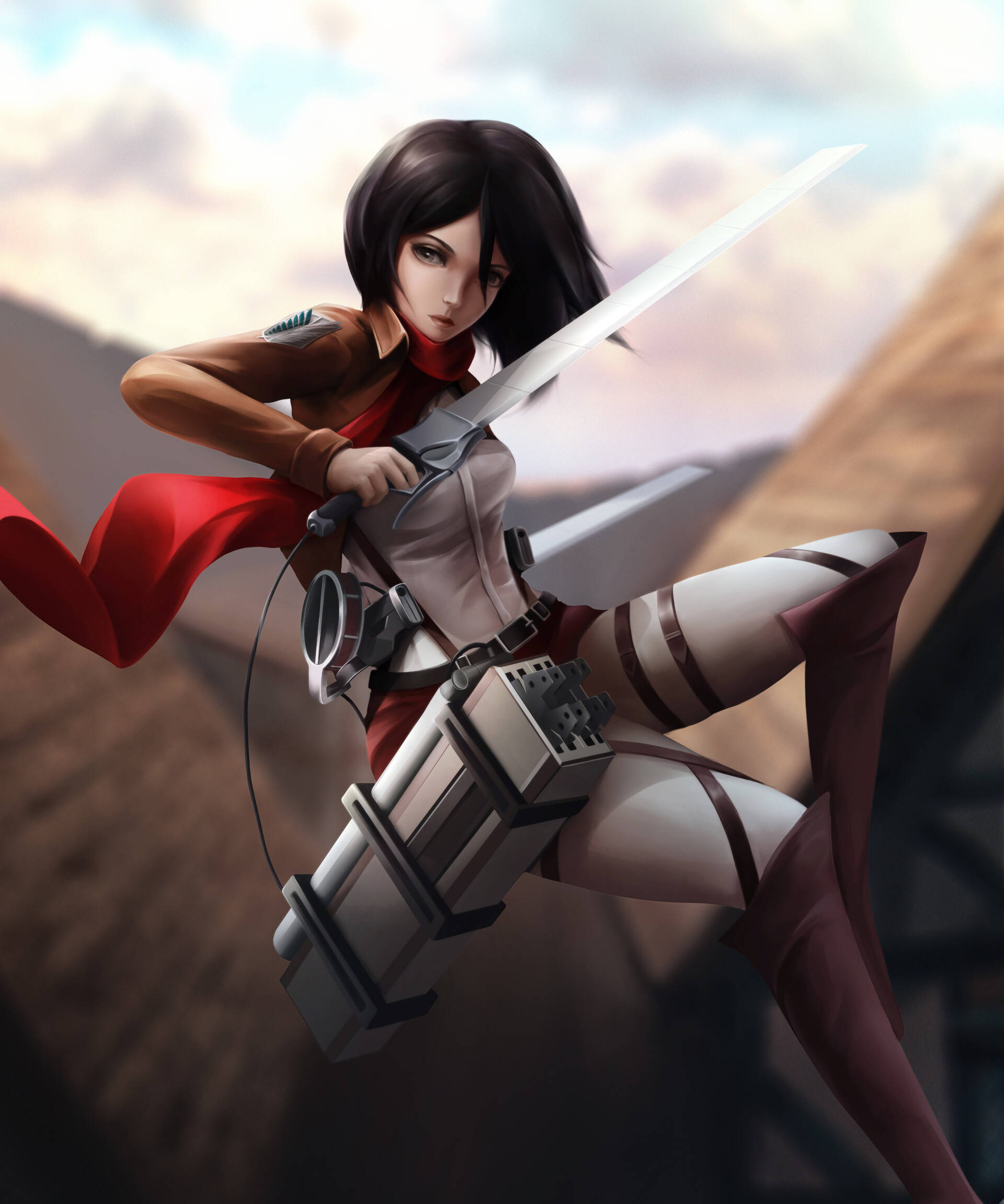 Anime Girls Attack On Titan Game Clouds Dark Hair Short Hair Knee High Boots Looking At Viewer Scarf 1920x2302
