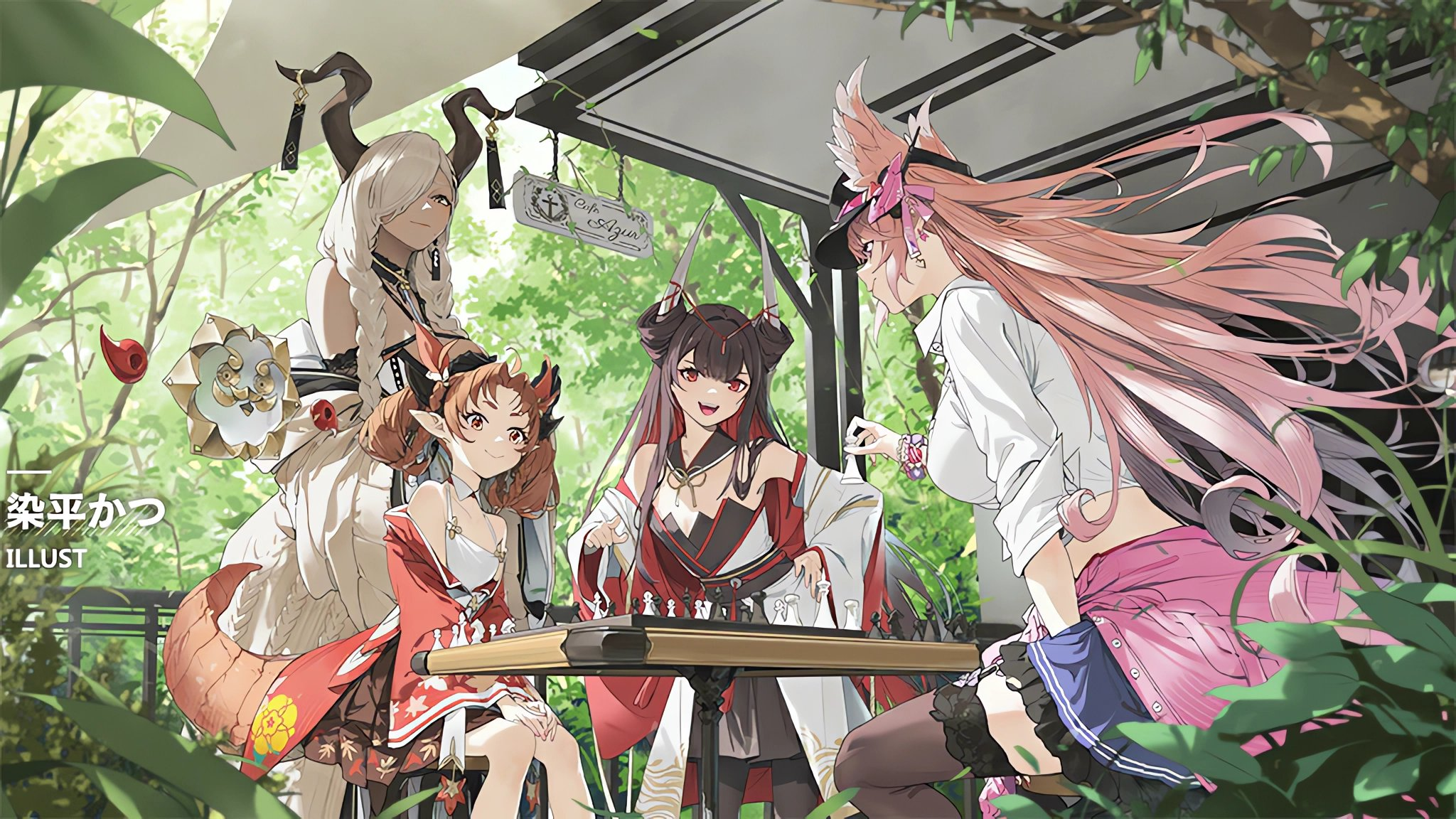 Azur Lane Horns Owari Azur Lane Table Sitting Monster Girl Long Hair Leaves Artwork Anime Girls Fox  2048x1152