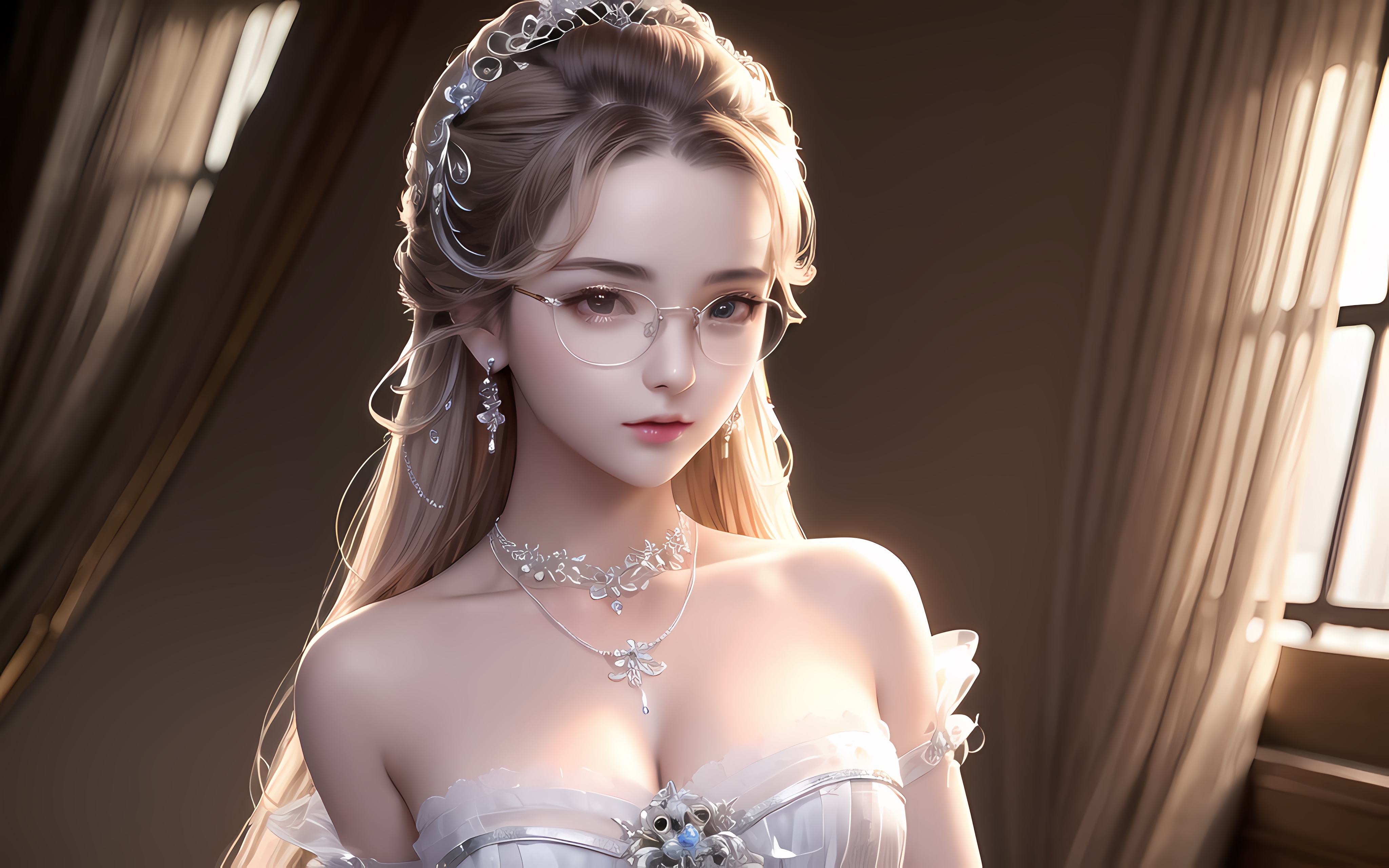 Ai Dongdong Ai Art Women Asian Glasses Necklace Earring Jewelry Long Hair Tiaras Looking At Viewer D 4096x2560