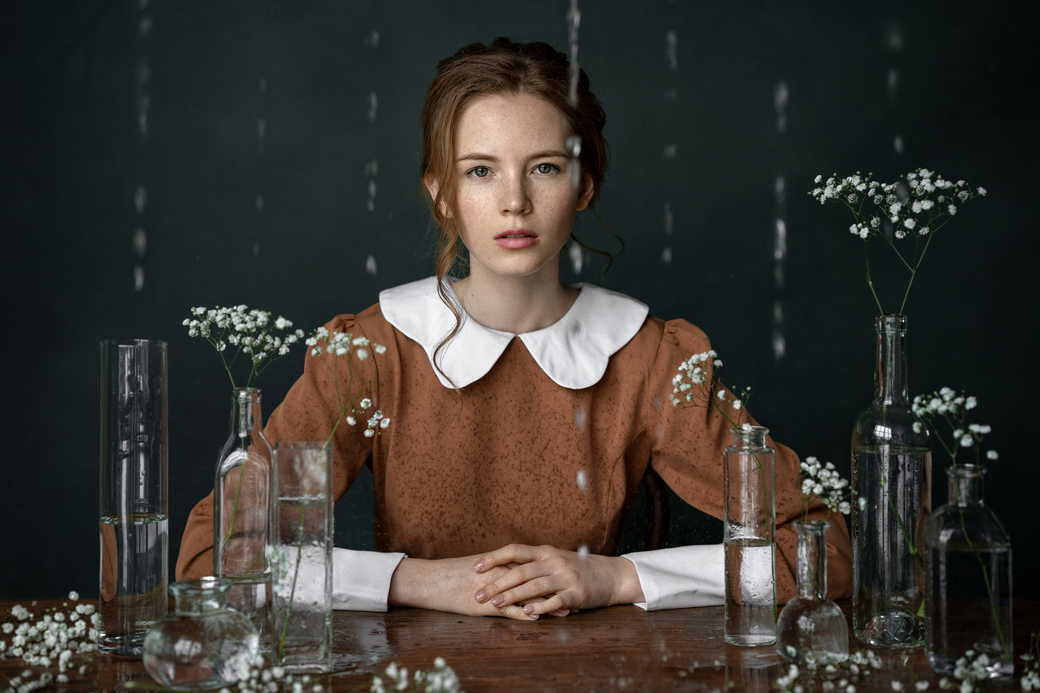 Aleksandr Kurennoi Women Redhead Freckles Dress Casual Flowers Water Rain Glamour 2048x1366