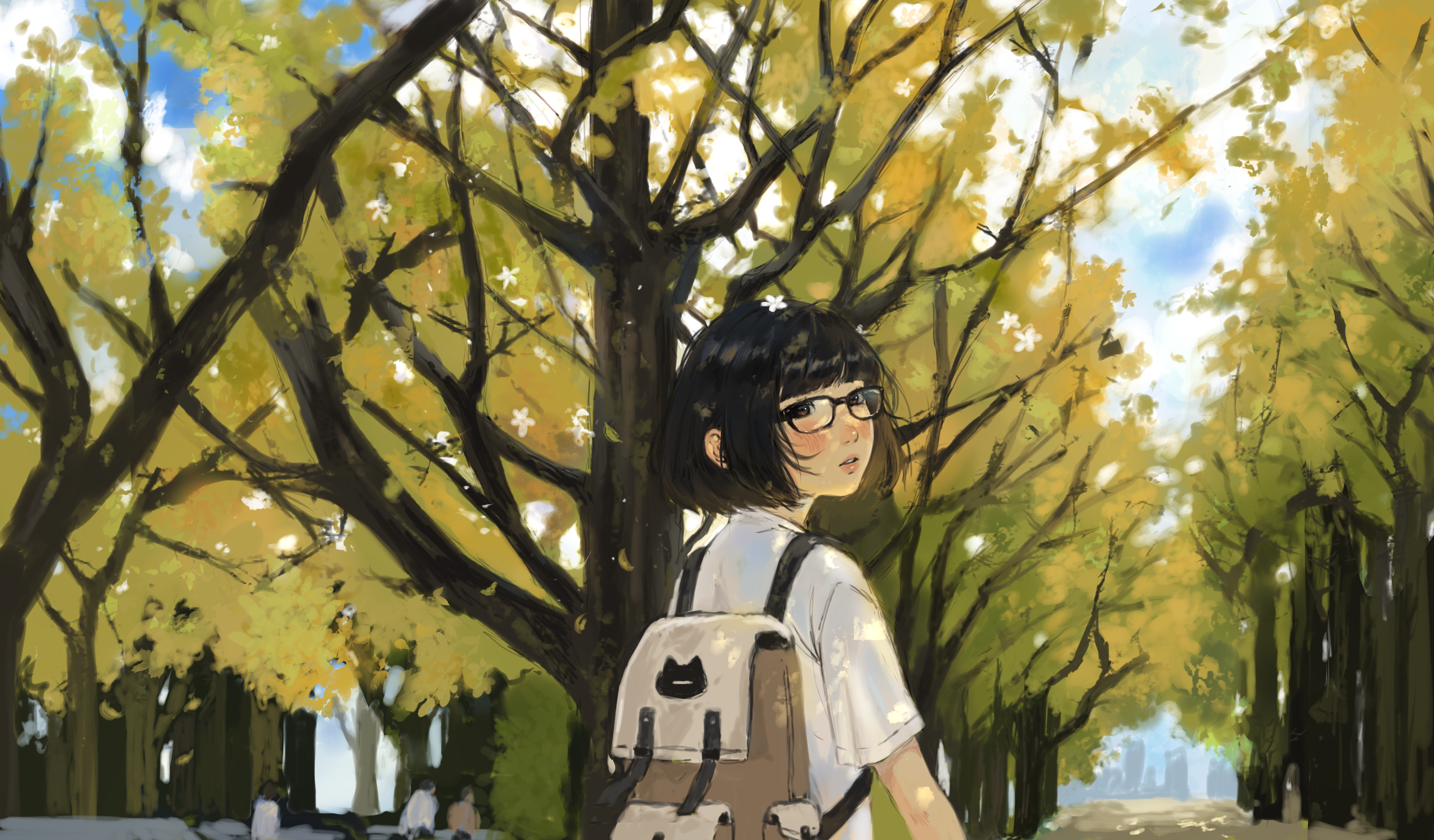 Black Hair Glasses Brown Eyes Backpacks Trees Park Short Hair 3440x2016