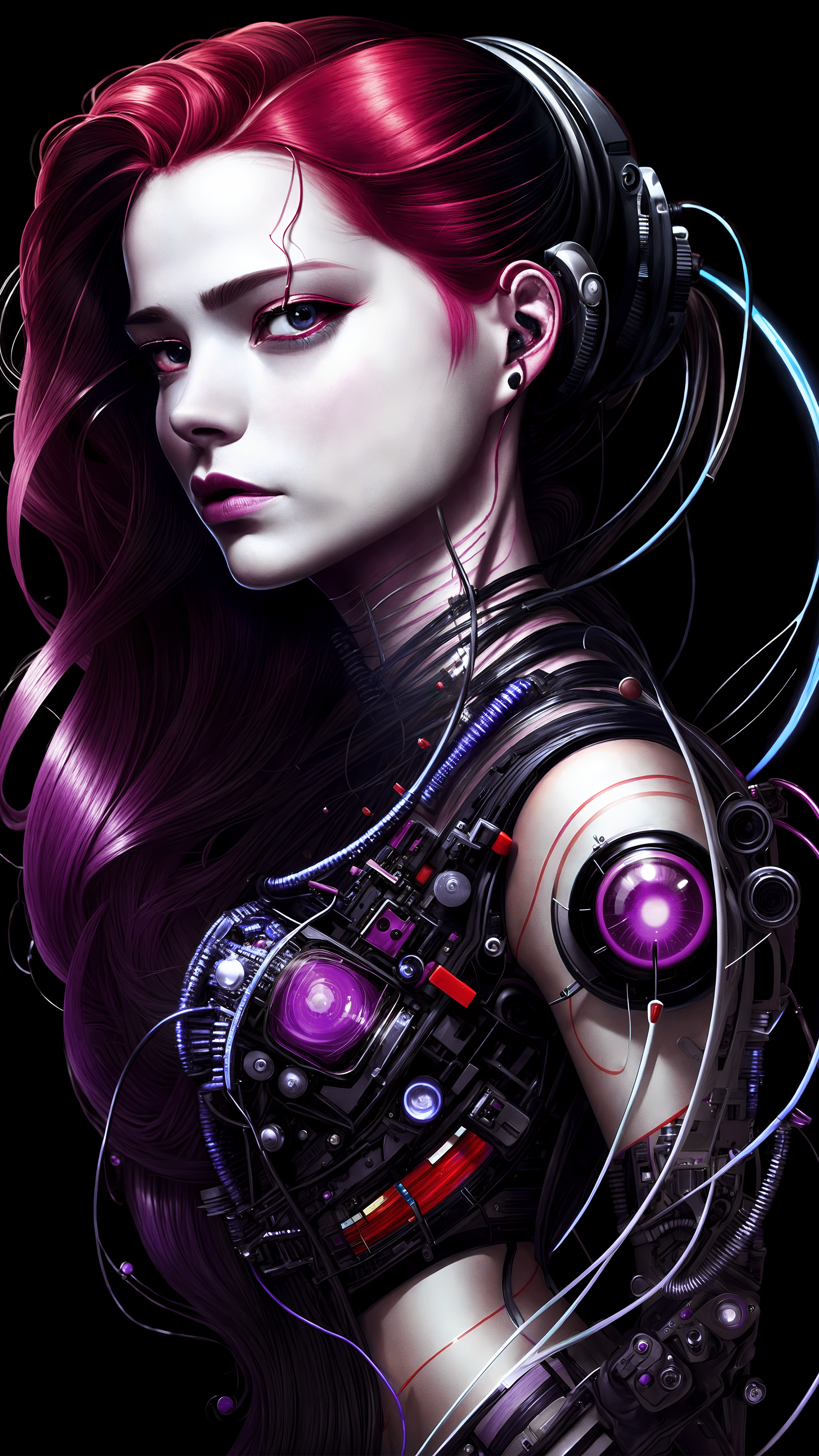 Ai Art Stable Diffusion Photoshopped Women Cyberpunk Purple Hair Dark Background Vertical Looking At 2160x3840