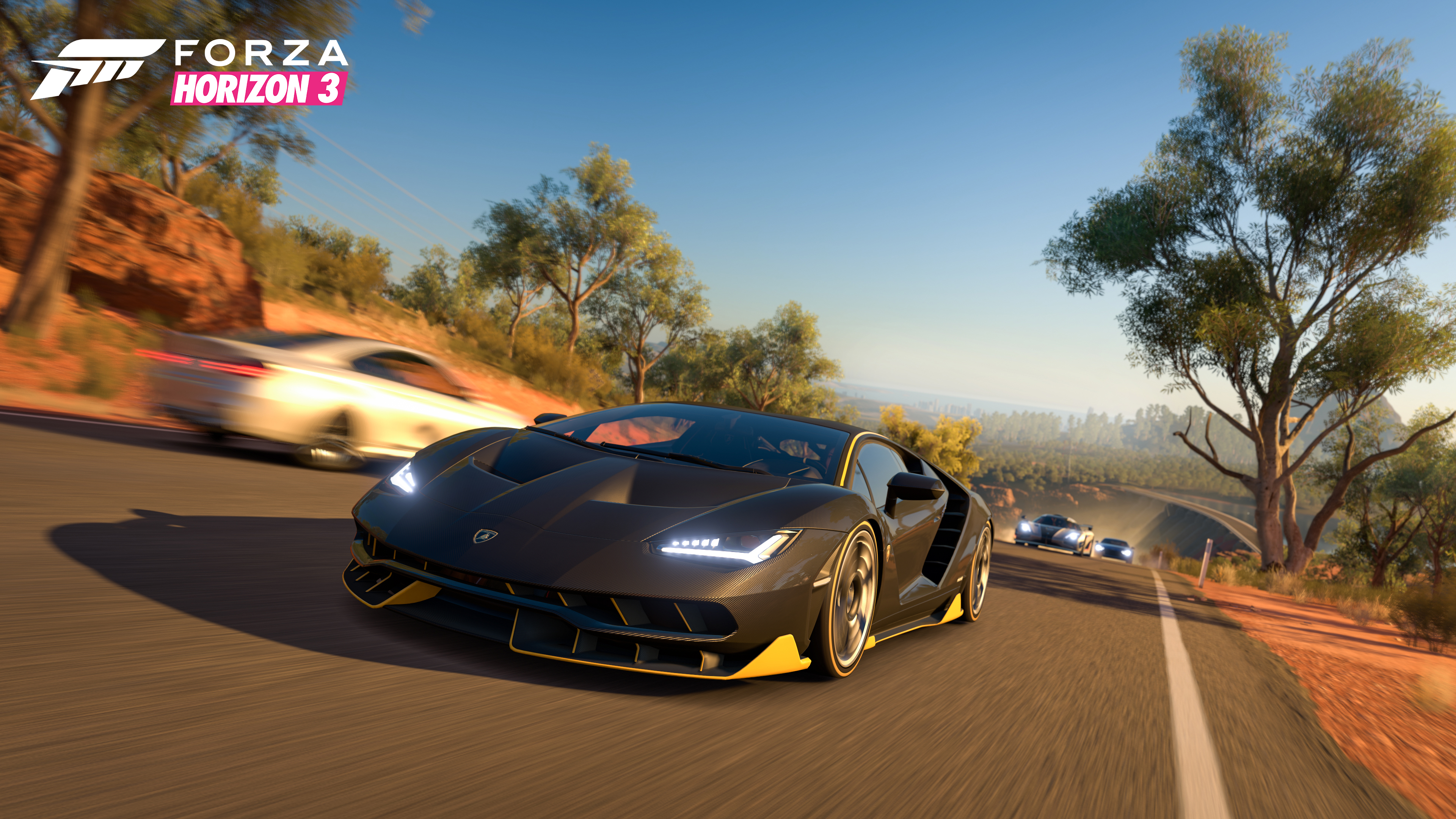 Forza Horizon 3 Video Games CGi Car Headlights Taillights Logo Racing Trees Road 3840x2160