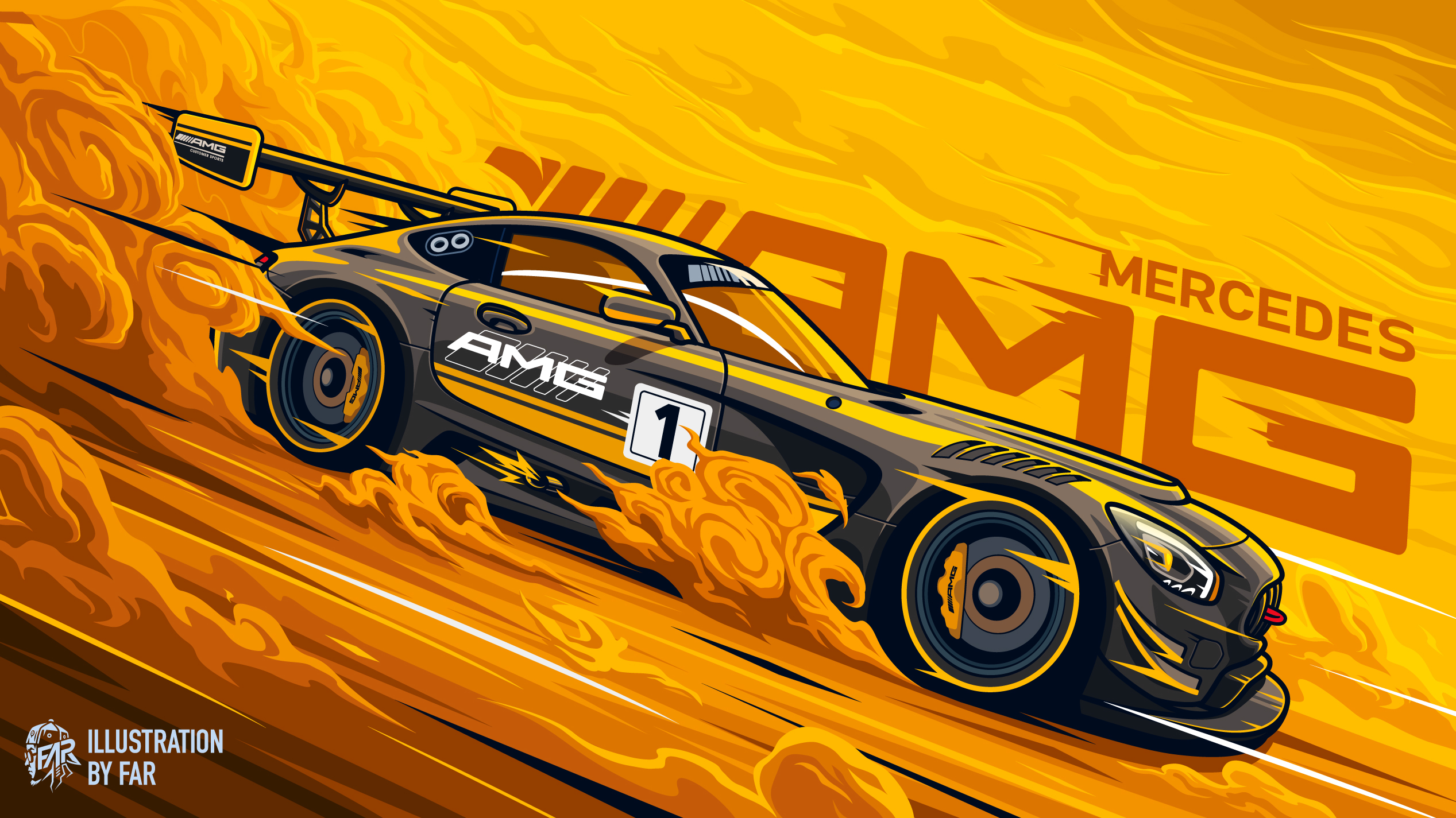 Digital Art Artwork Illustration Vehicle Car Mercedes AMG GT Race Cars Smoke Yellow Watermarked Car  2535x1425