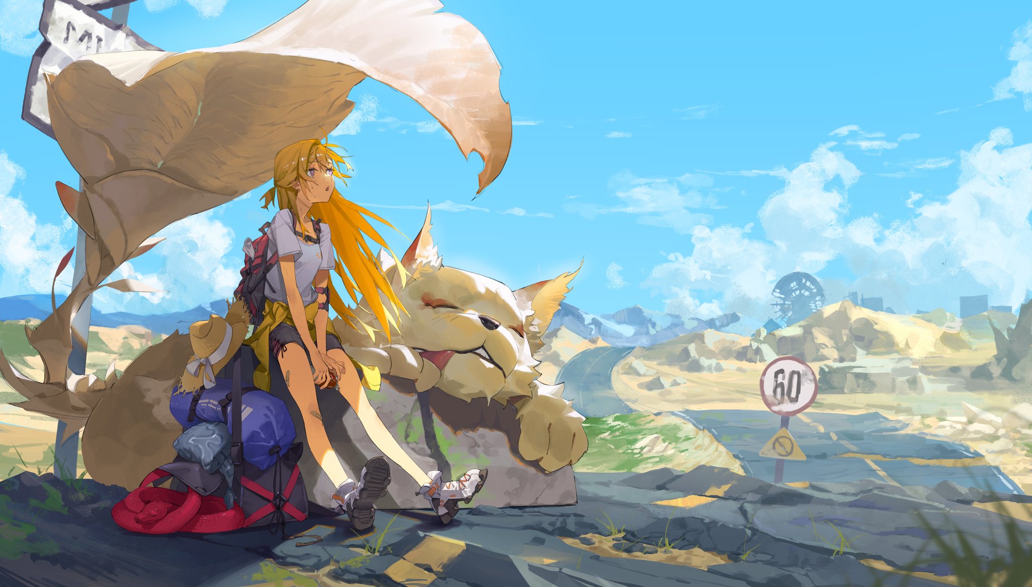 Anime Girls Desert Dog Blonde Long Hair Looking Up Sky Clouds Road Sign Animals Band Aid Sweat Dayli 2048x1164