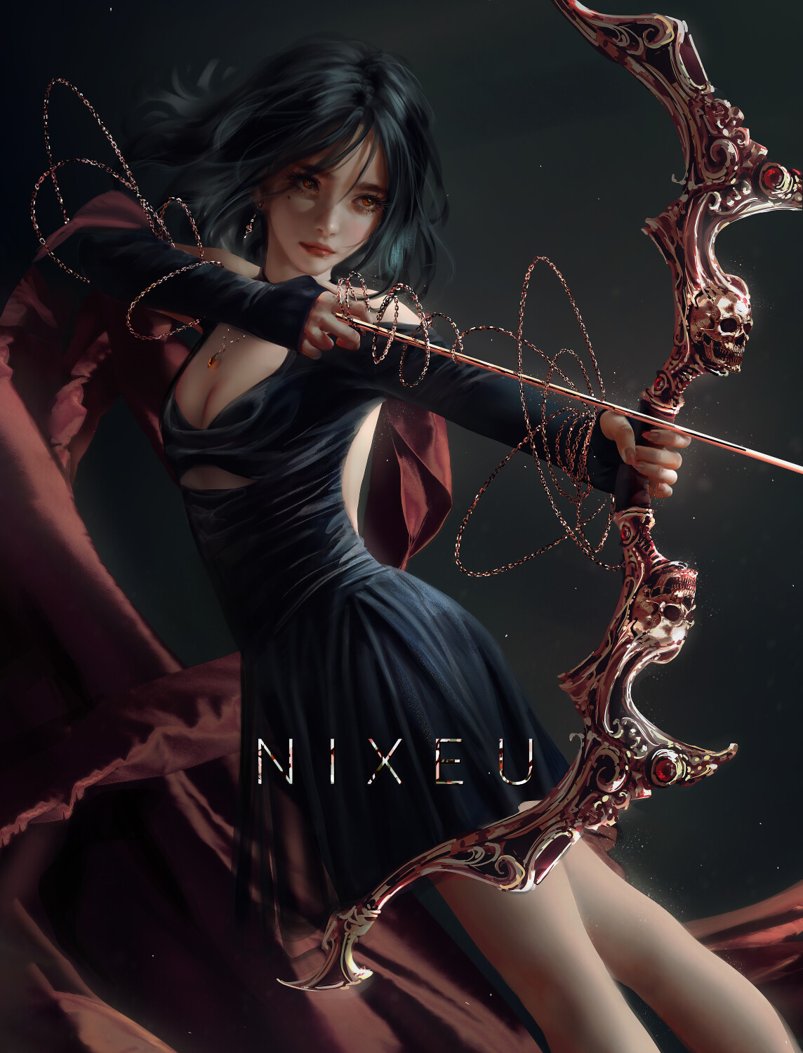 Nixeu Drawing Women Dark Hair Red Eyes Dress Black Clothing Jewelry Ruby Bow Arrows Fighting Archer  1144x1500