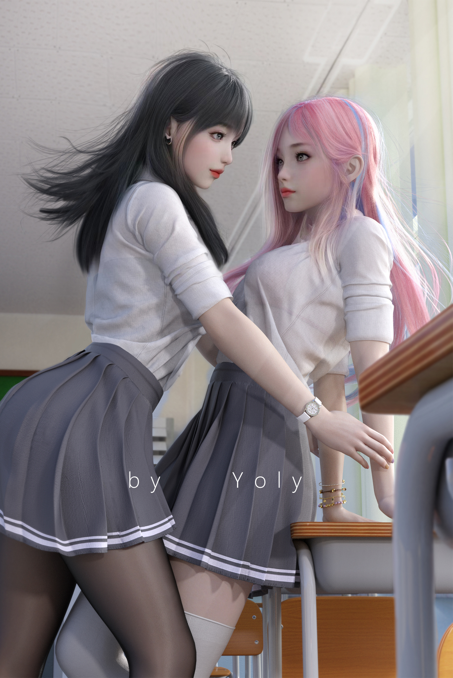 3D CG Fantasy Girl Schoolgirl School Uniform Pink Hair Purple Hair Purple Eyes Yoly 1470x2200