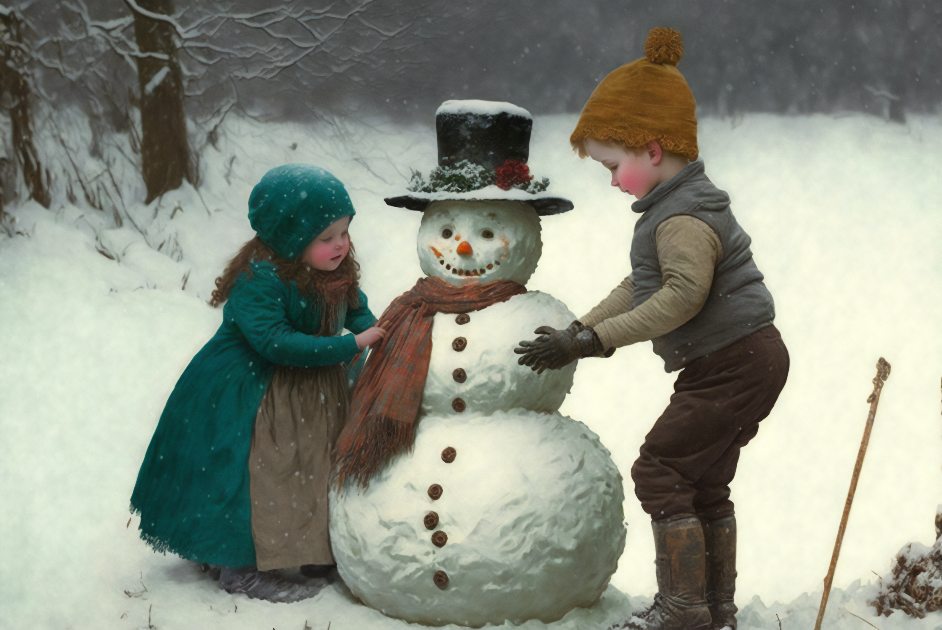 Ai Art Snowman Children Christmas Snow Winter Painting Hat Scarf Trees 3060x2048