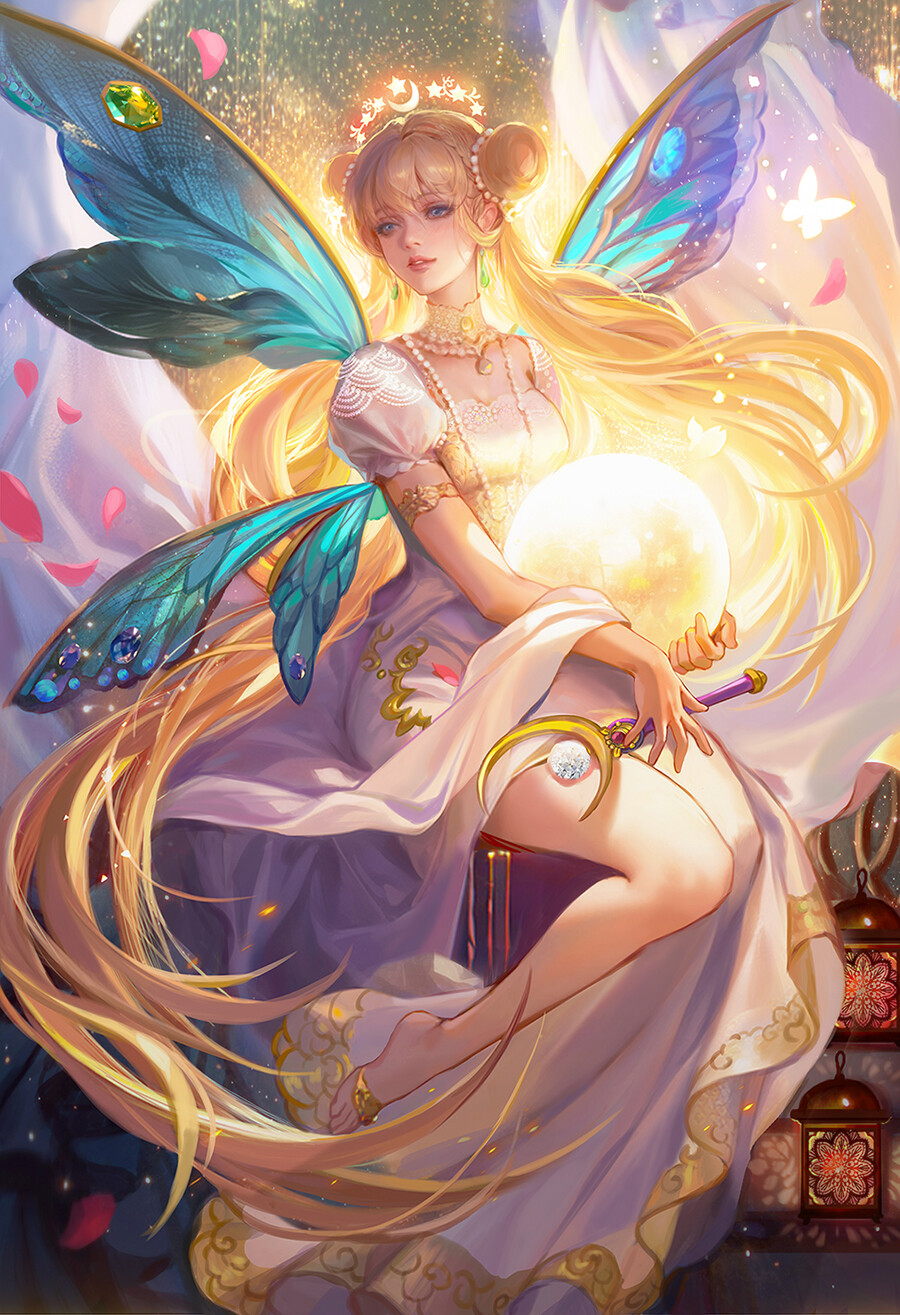 Jiuge Drawing Women Blonde Wings Blue Fantasy Art Wands Vertical Fantasy Girl Butterfly Wings Twinta 900x1315