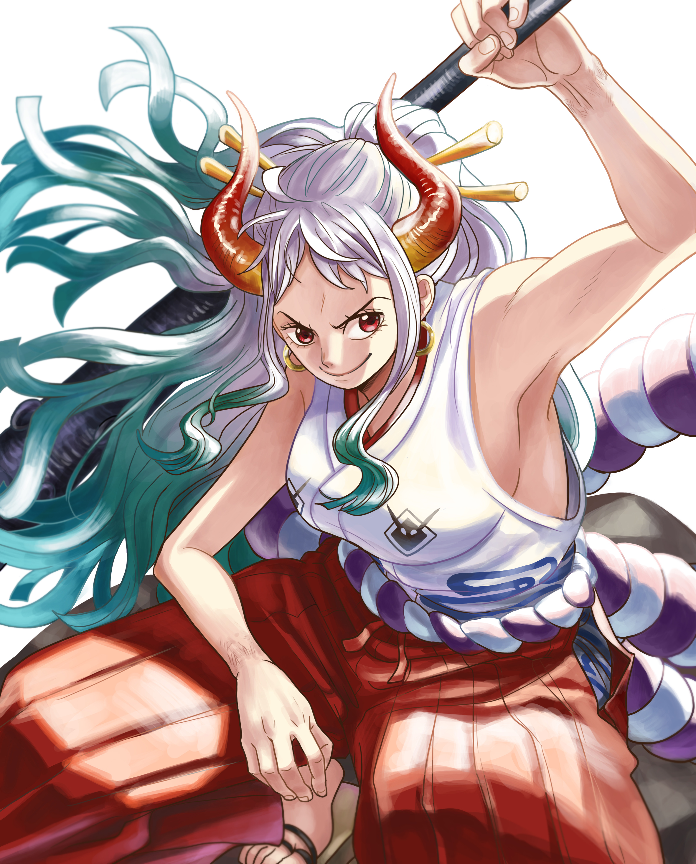 One Piece Yamato One Piece Vertical Anime Girls Gradient Hair Horns Armpits Weapon Smiling Two Tone  2362x2934