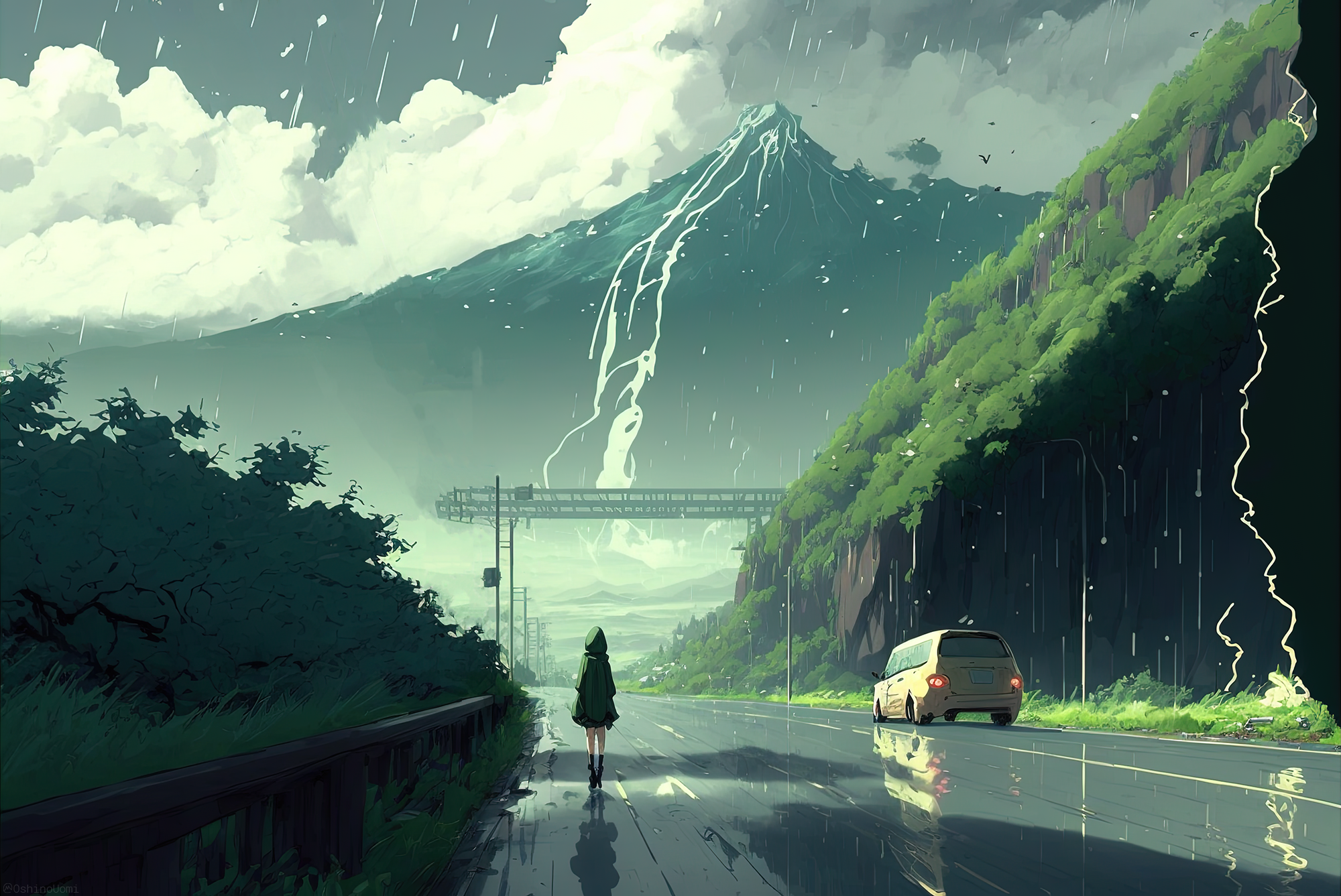 Uomi Illustration Artwork Ai Art Landscape Rain Clouds Sky Mountains Car Road Reflection 2000x1337