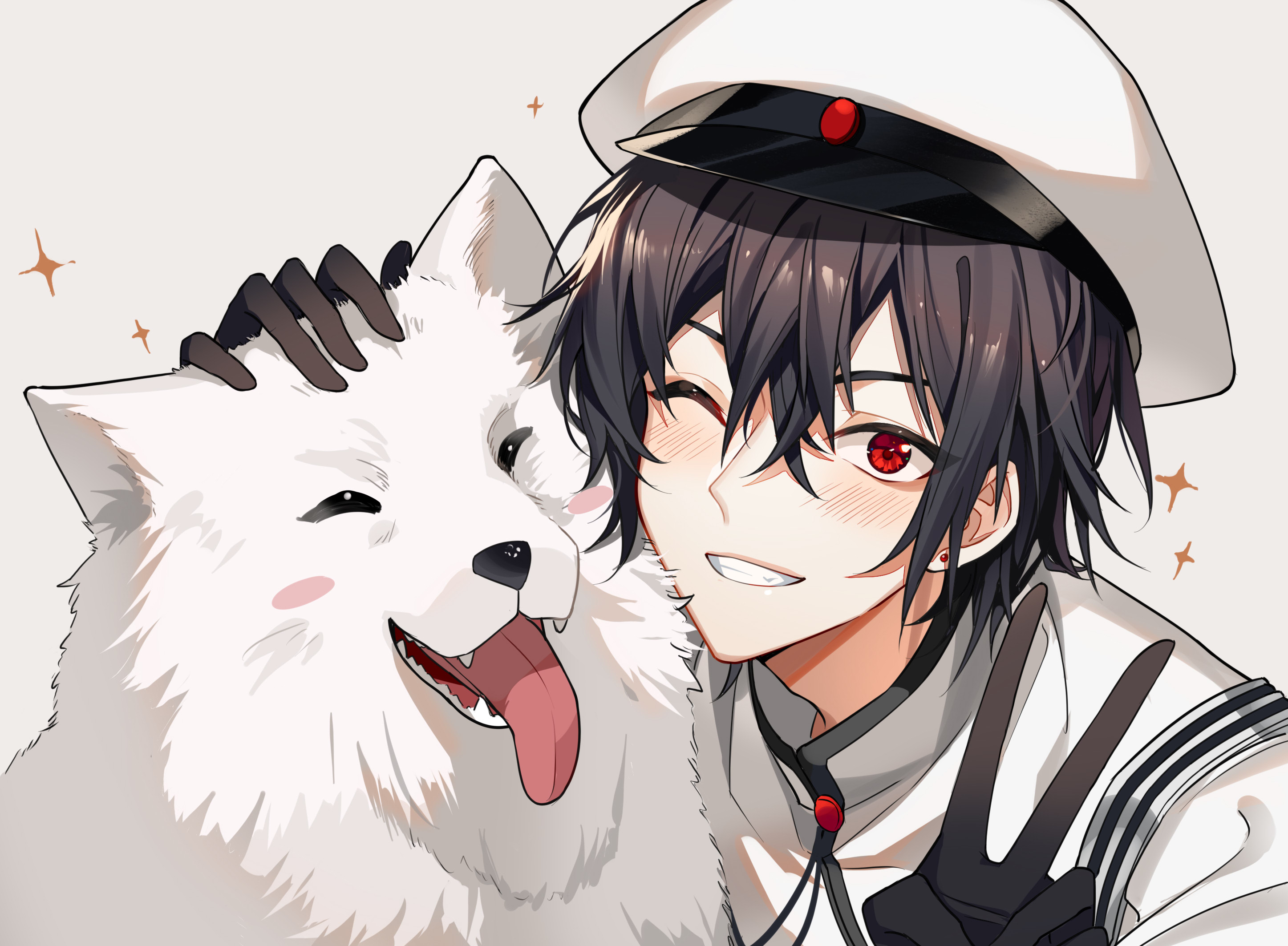 Anime Anime Boys Hat Red Eyes Dog Animals Black Hair Gloves Uniform Peace  Sign Blushing One Eye Clos Wallpaper - Resolution:2894x2126 - ID:1365864 -  