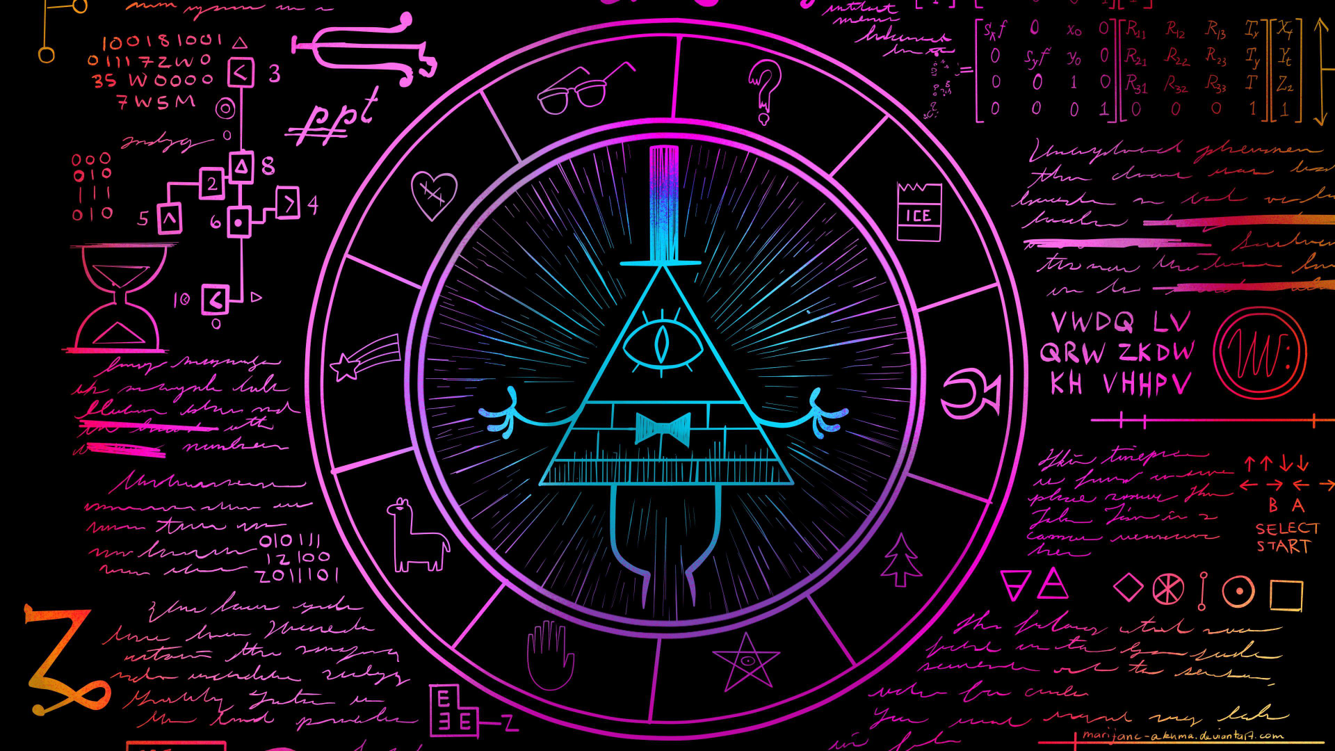 Neon Formula Dark Circle Mathematics Mystery Occult Wheels Cartoon Gravity Falls Bill Cipher Ancient 1920x1080