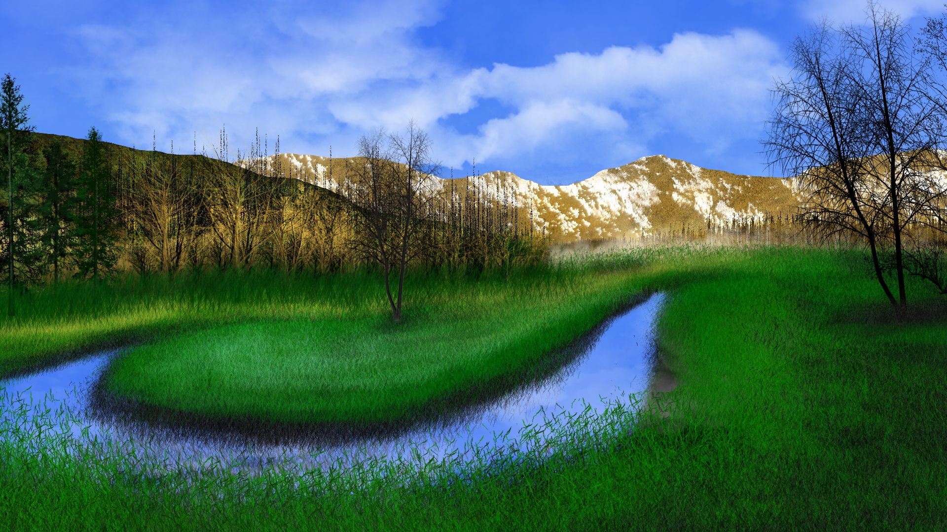 Digital Painting Digital Art Nature Landscape Creeks Water Clouds Sky Mountains Trees 1920x1080