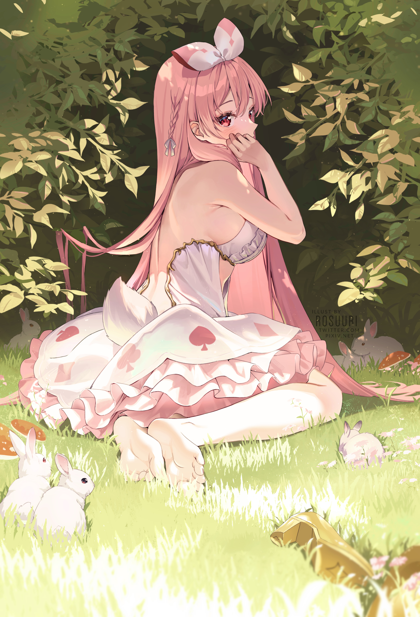 Anime Anime Girls Pink Hair Pink Eyes Rabbits Animal Tail Grass Animals Barefoot Feet Dress Alice In 1400x2056