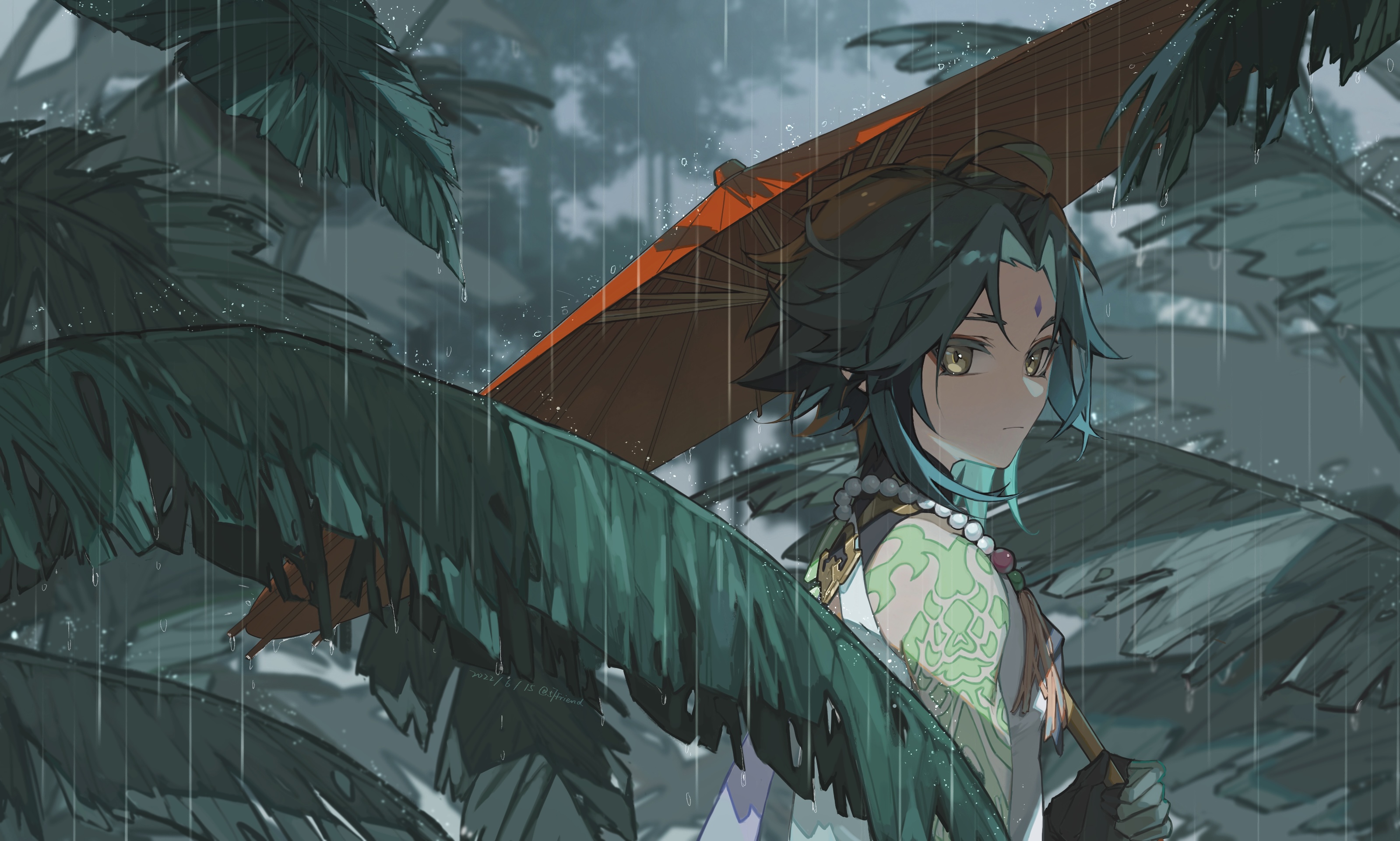Xiao Genshin Impact Genshin Impact Video Game Art Rain Umbrella Leaves Looking At Viewer Anime Boys  3198x1921