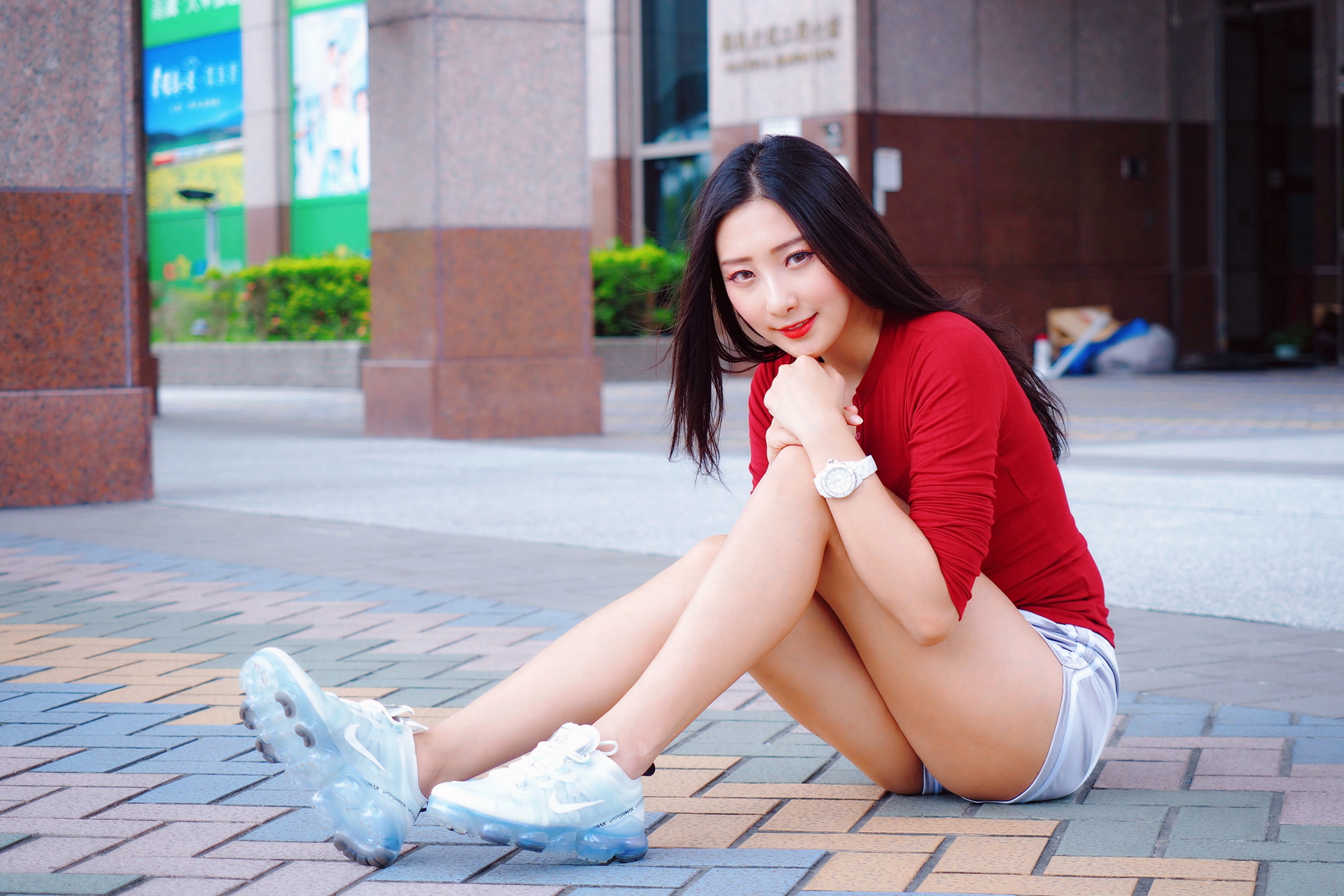 Asian Model Women Long Hair Dark Hair Sitting Legs Sneakers No Socks 1920x1280