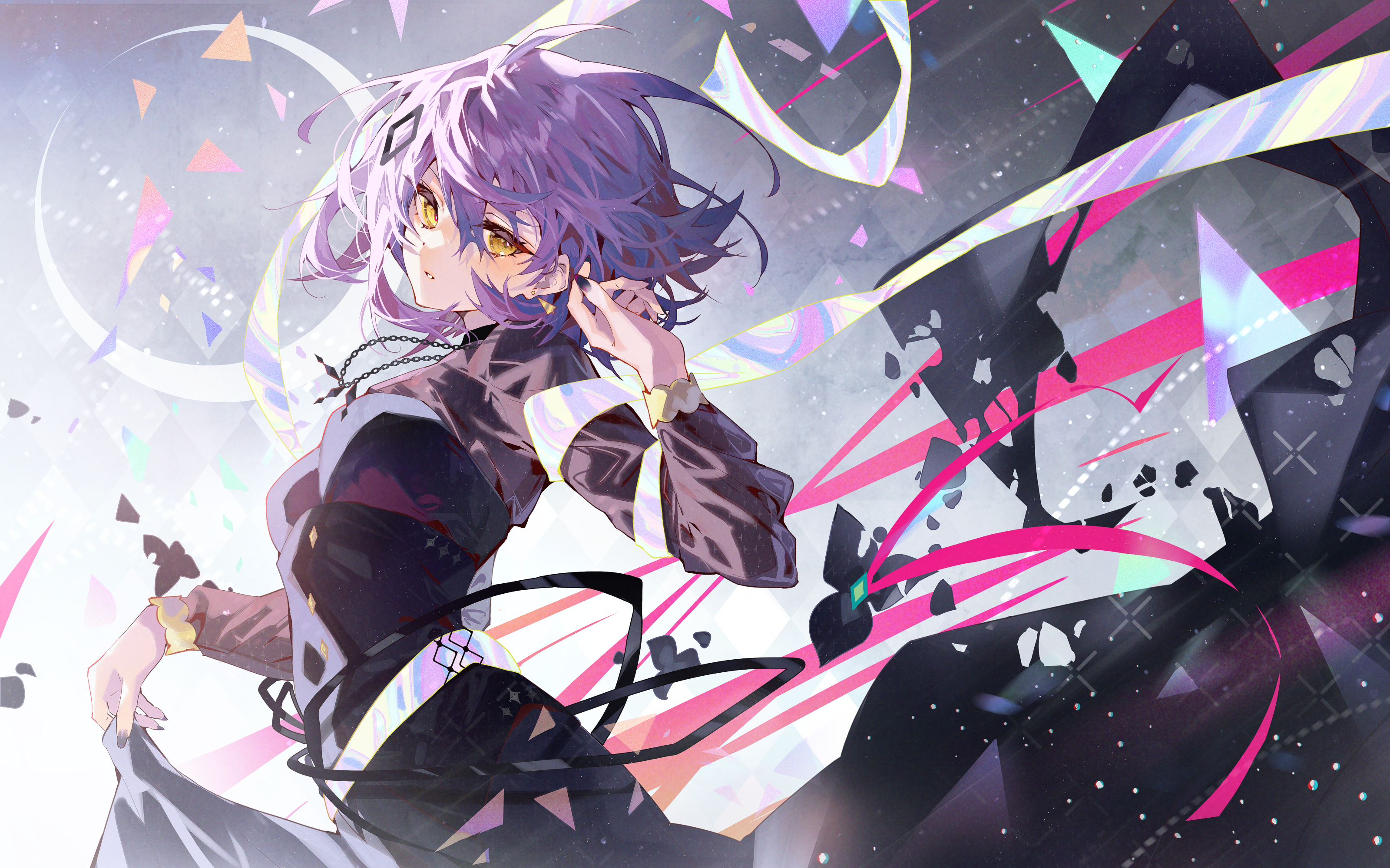 Anime Girls Purple Hair Yellow Eyes Short Hair Necklace Lifting Dress Looking At Viewer 3200x2000